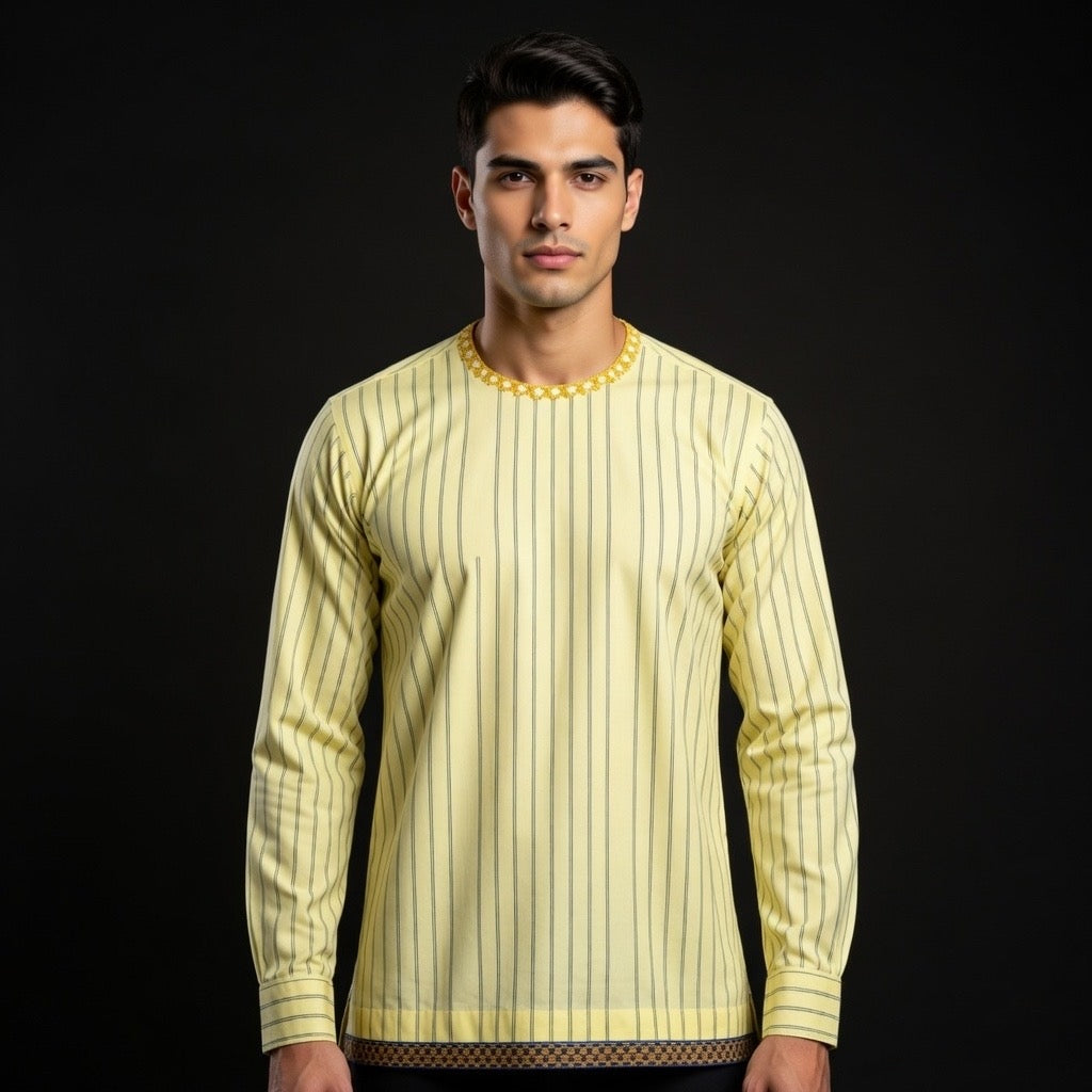 Fabled Fashion Men's Long Sleeve Cream pinstripe with Celtic chain effect AOP shirt.