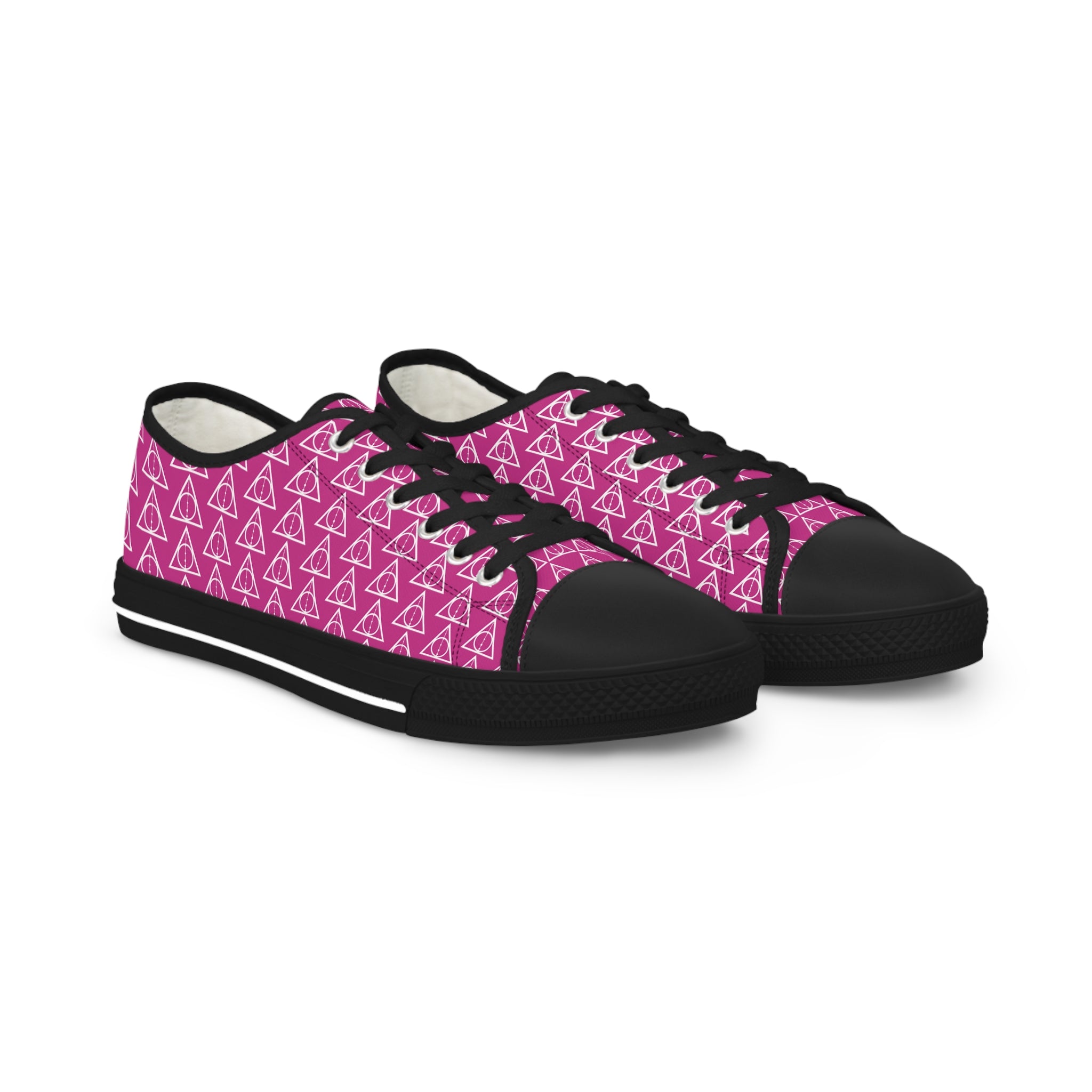 Harry Potter inspired Deathly Hallows logo Men's Low Top Sneakers (White/Black white sole Pink/White Black sole)
