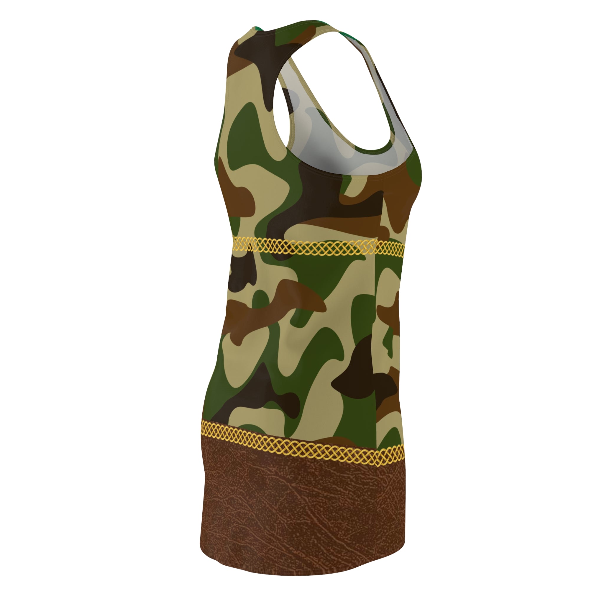 Fabled Fashion Camo and faux leather effect Celtic Knot belt Women's Cut & Sew Racerback Dress (AOP)