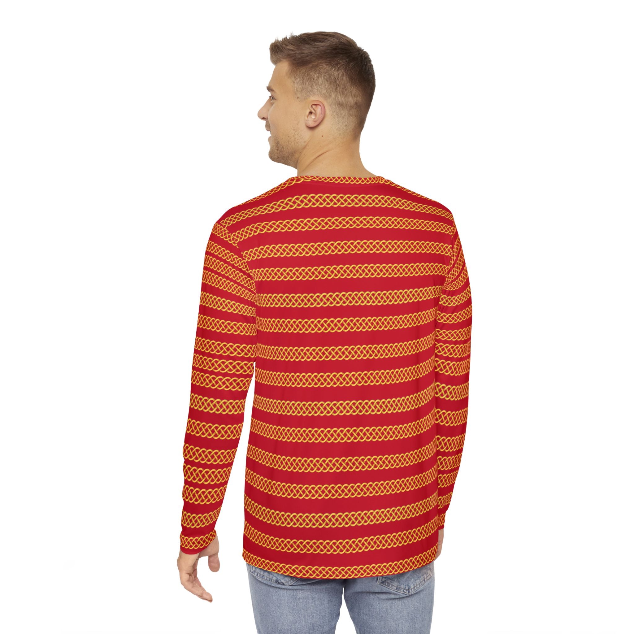 Fabled Fashion Men's Long Sleeve Red Jester Jacket on Green velvet effect Celtic knot chain AOP Shirt