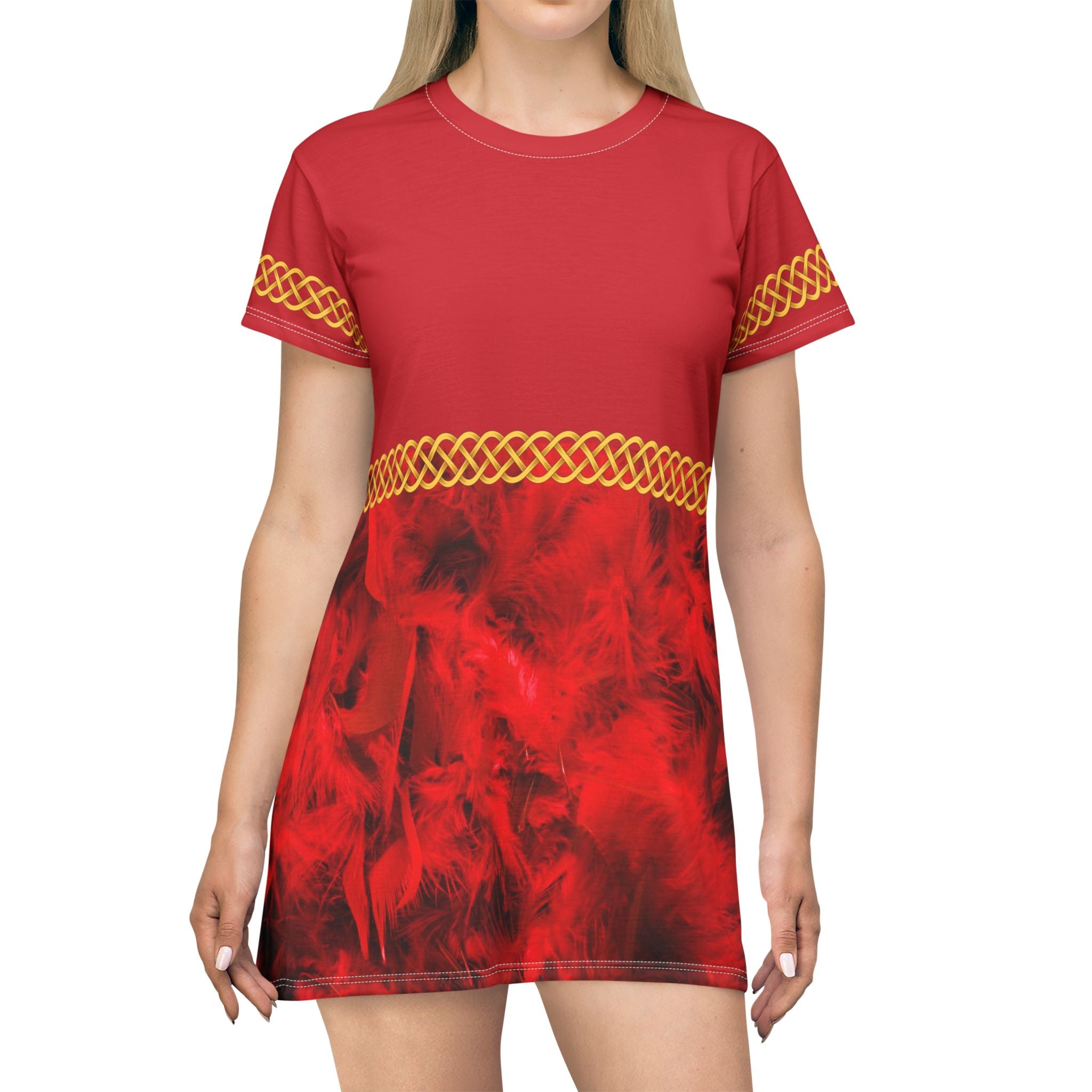 Fabled Fashion Red Feather effect Celtic Knot Medieval Fashions All Over Print Spring/Summer T-Shirt Dress