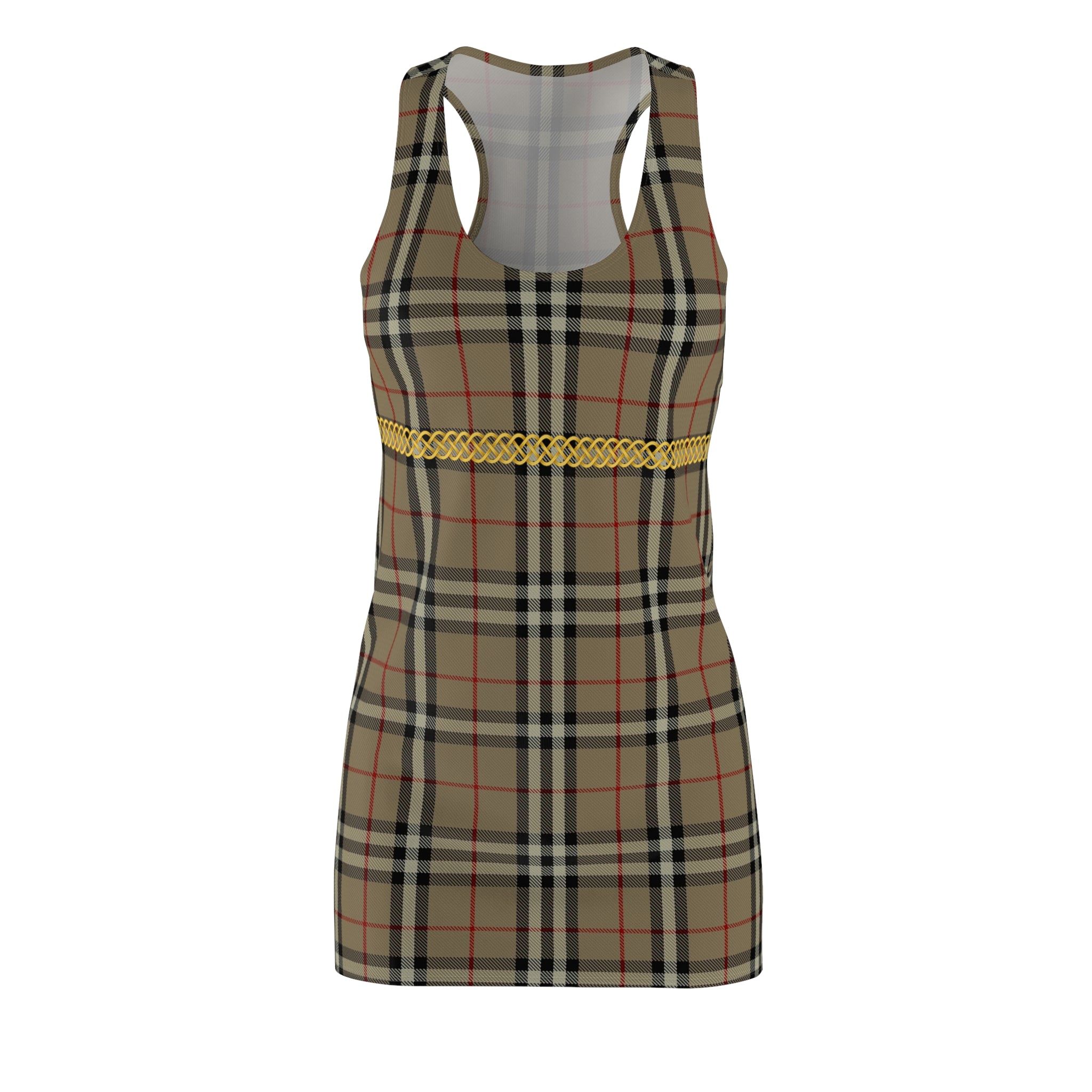 Fabled Fashion Beige Plaid Celtic Knot effect Women's Cut & Sew Racerback Dress (AOP)