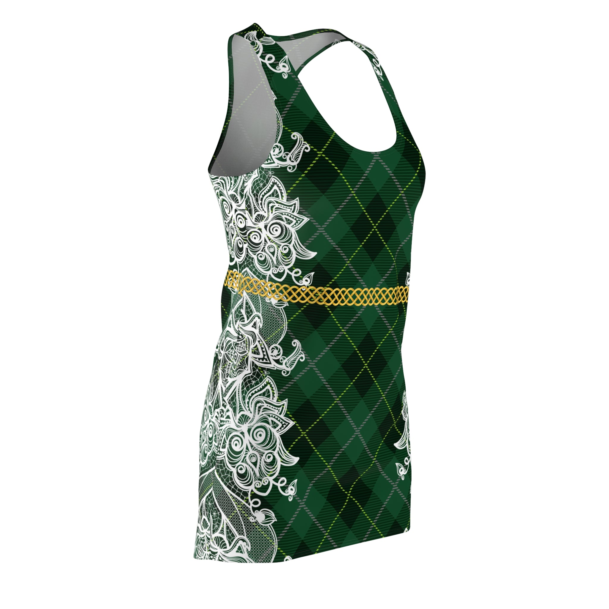 Fabled Fashion Green Tartan plaid and white lace effect Celtic Knot belt Women's Cut & Sew Racerback Dress (AOP)