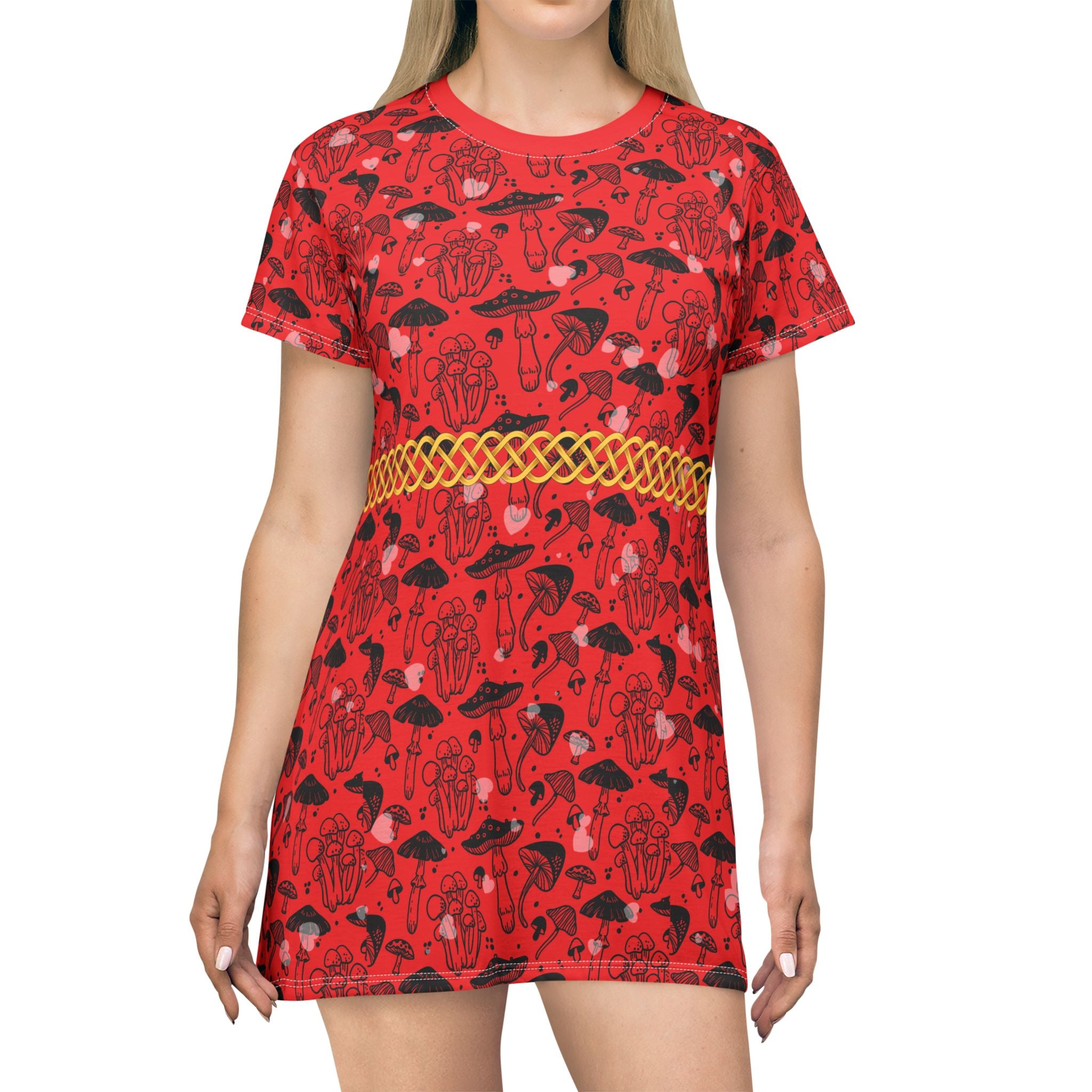 Fabled Fashion Red Mushrooms Celtic Knot All Over Print Spring/Summer T-Shirt Dress