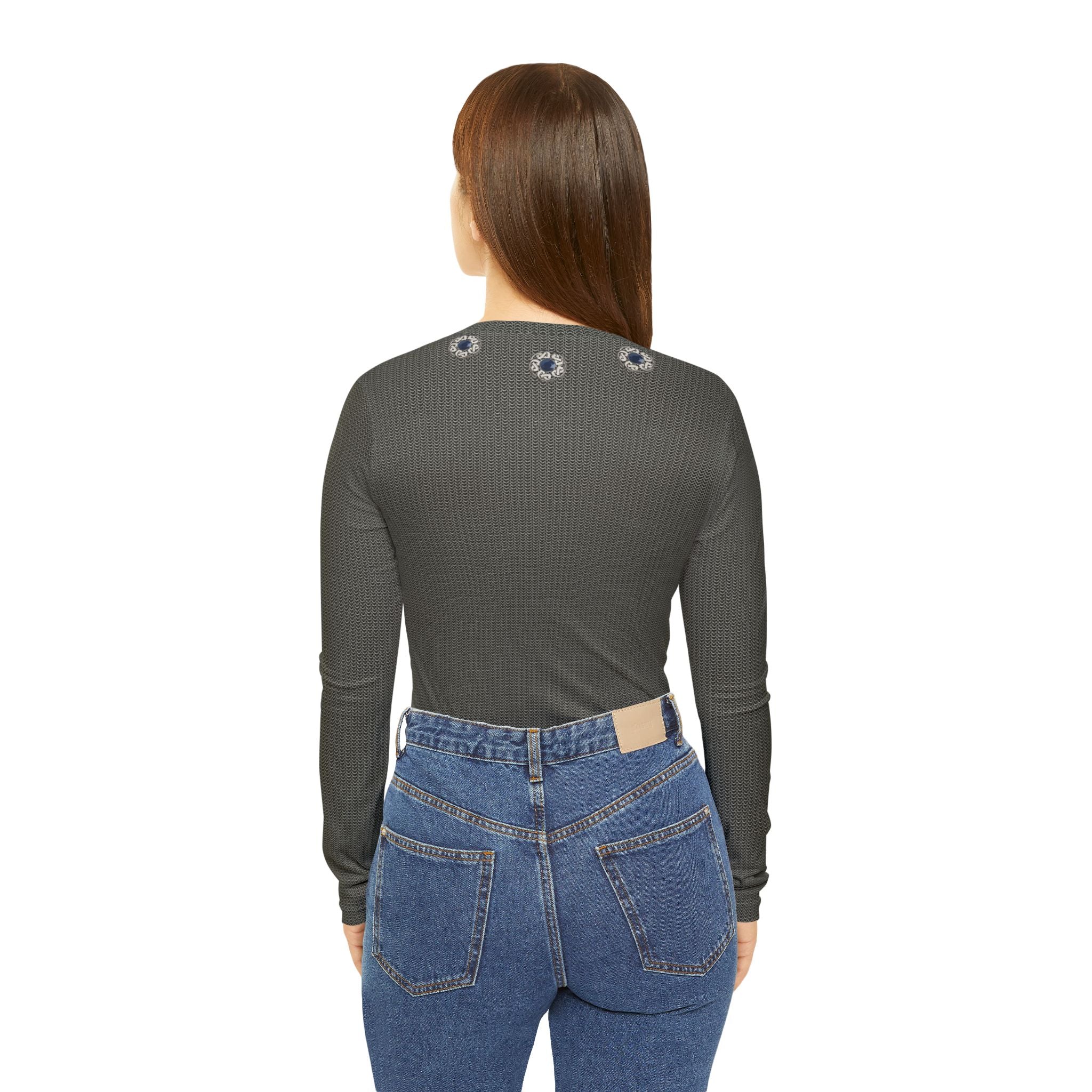 Fabled Fashion Grey/Silver chainmail effect print Women's Long Sleeve V-neck Shirt (AOP)