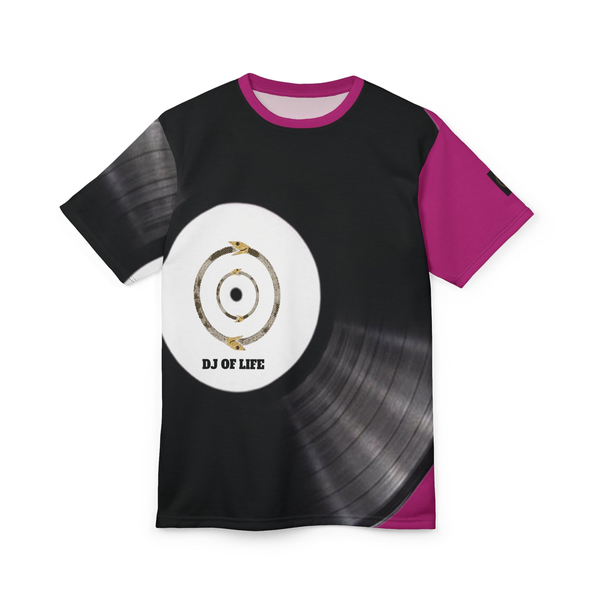 Fabled Fashion Vinyl Record design Unisex Cut & Sew Tee (AOP) Pink