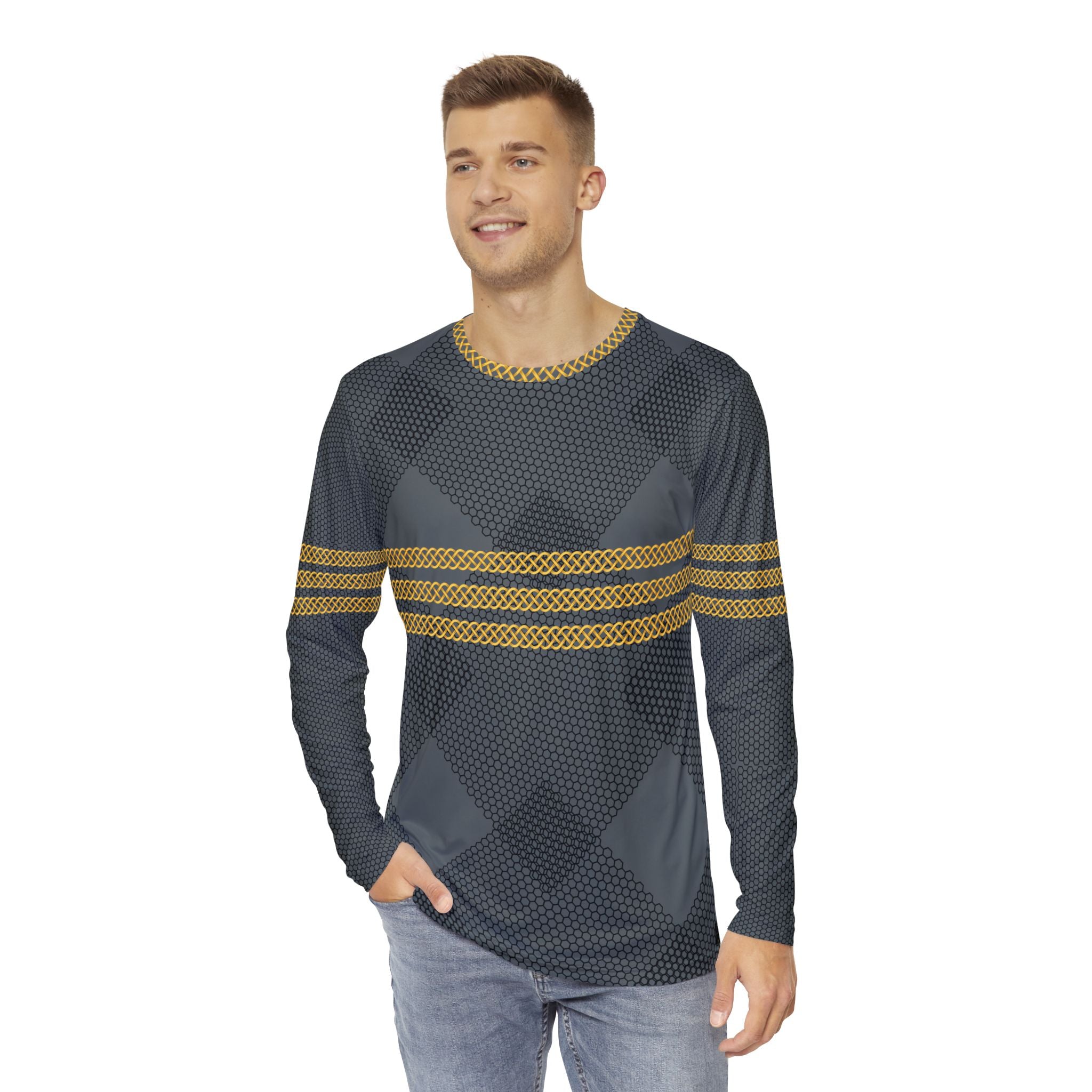 Fabled Fashion Men's Long Sleeve Triple Celtic chain effect AOP Shirt Grey Mesh pattern