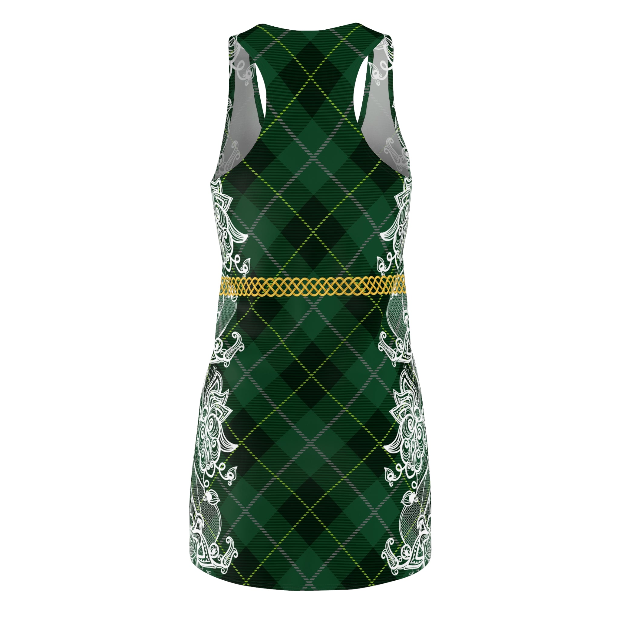 Fabled Fashion Green Tartan plaid and white lace effect Celtic Knot belt Women's Cut & Sew Racerback Dress (AOP)