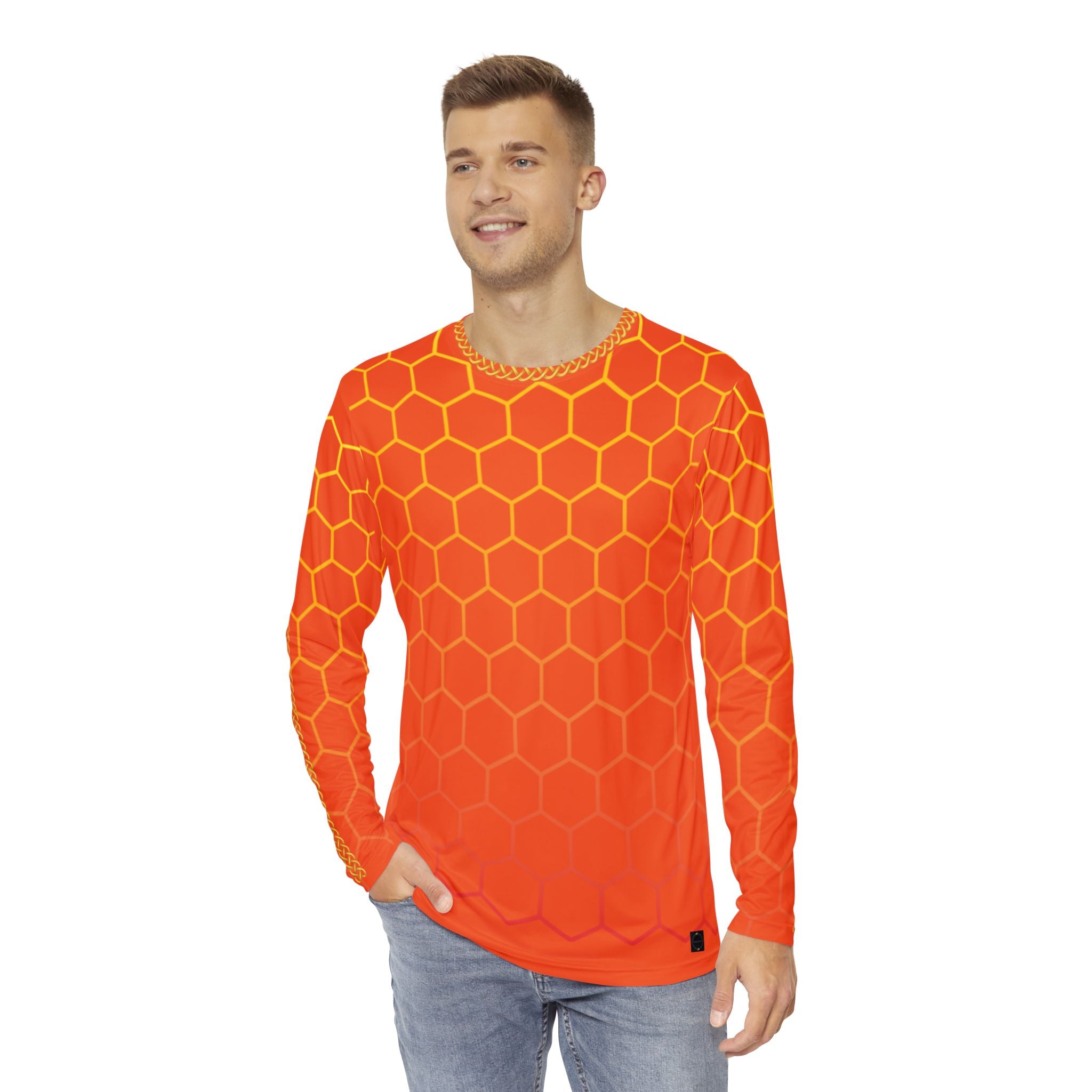 Fabled Fashion Men's Long Sleeve Orange Honeycomb with Celtic chain AOP Shirt