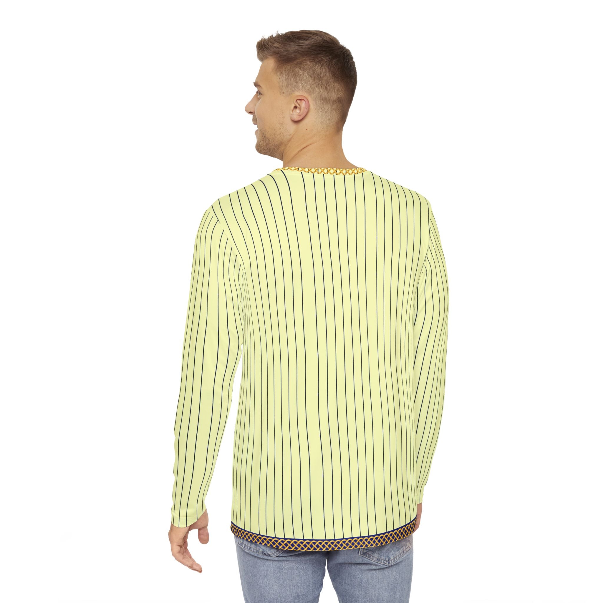 Fabled Fashion Men's Long Sleeve Cream pinstripe with Celtic chain effect AOP shirt.