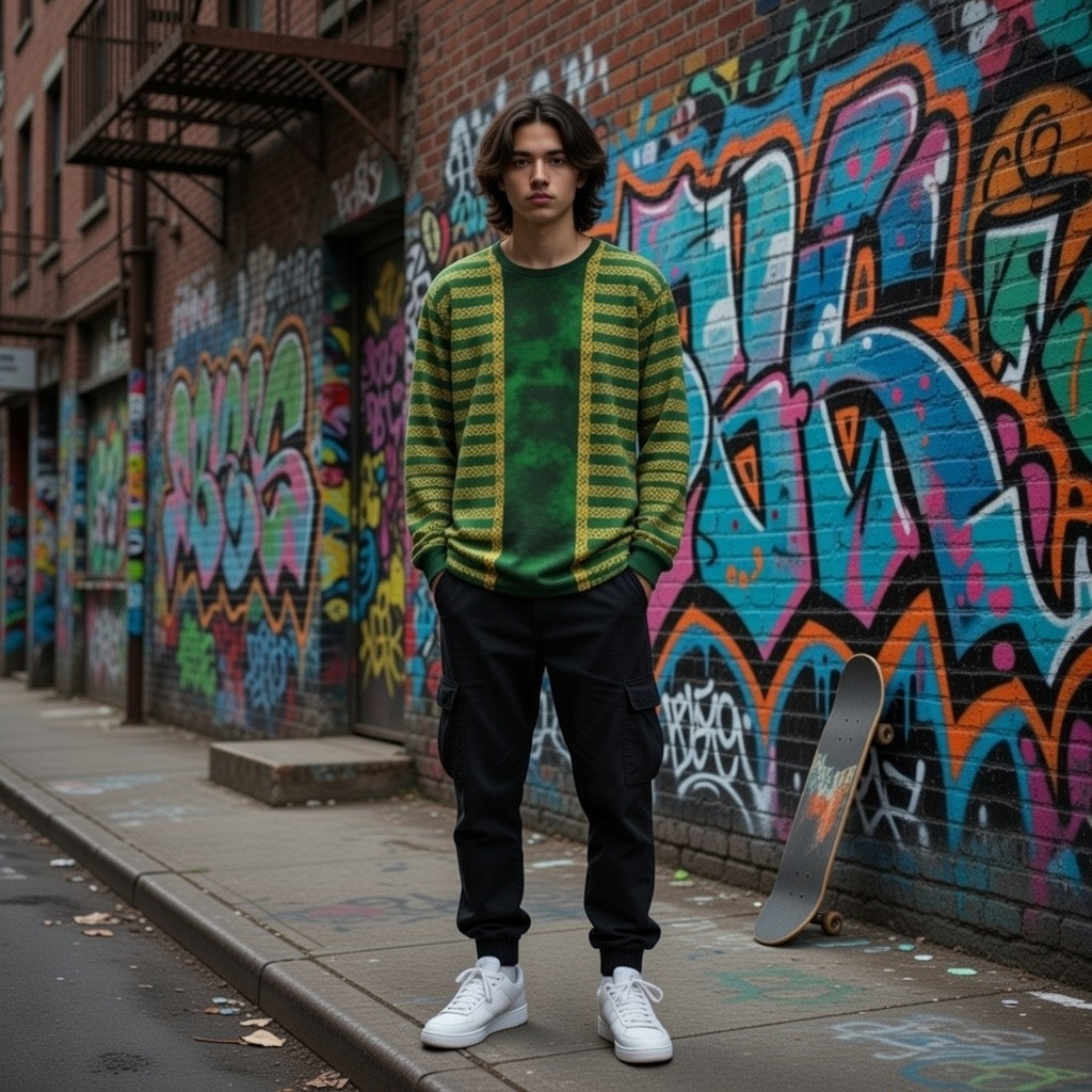Fabled Fashion Men's Long Sleeve Green Velvet with Celtic chain jacket effect AOP Shirt