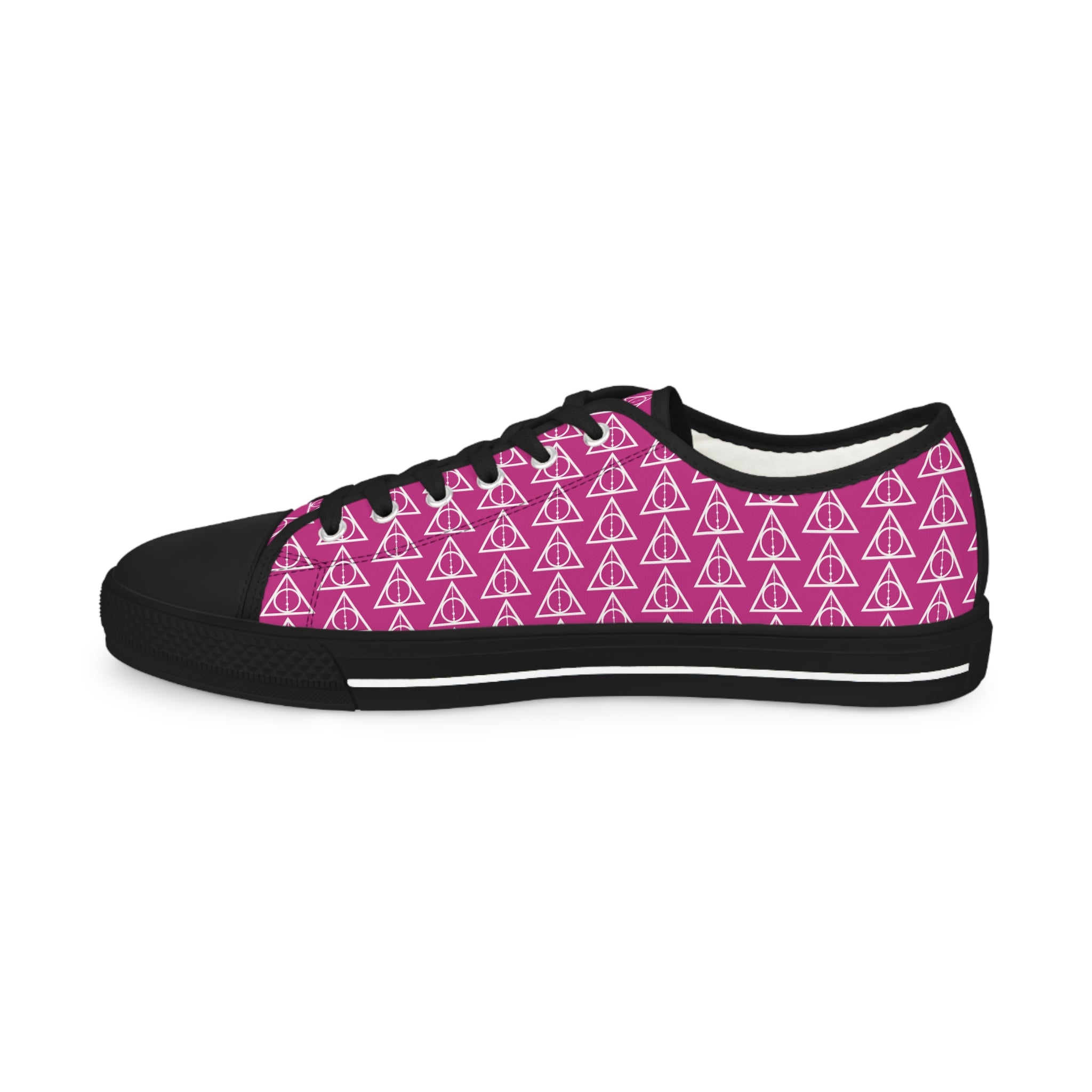 Harry Potter inspired Deathly Hallows logo Men's Low Top Sneakers (White/Black white sole Pink/White Black sole)