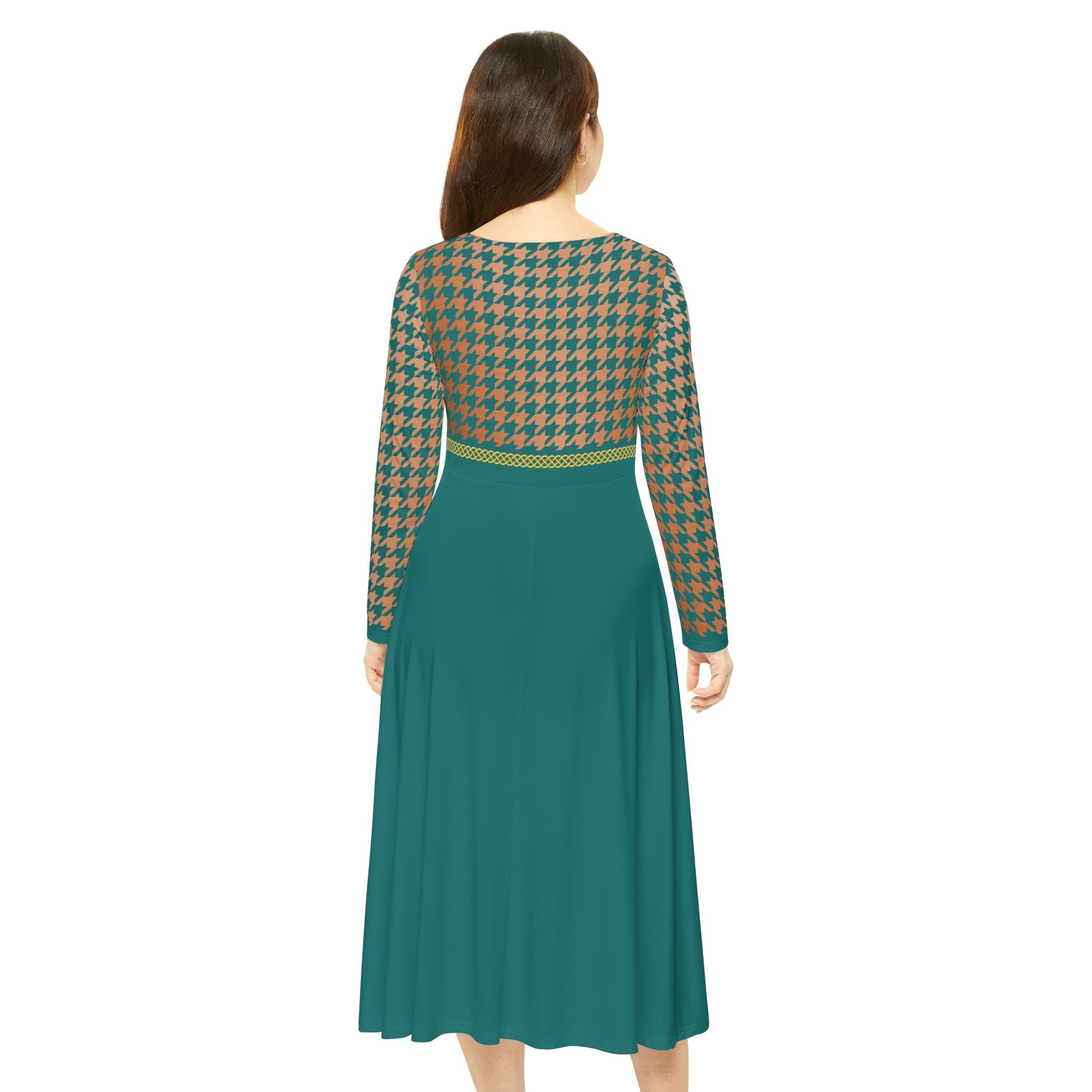 Fabled Fashion Verdigris/Copper houndstooth and Celtic knot Women's Long Sleeve Dance Dress (AOP)