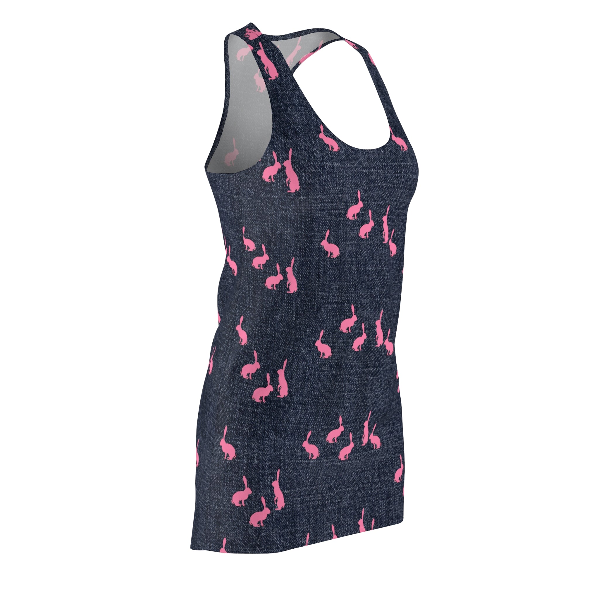 Fabled Fashion Pink Rabbits on Denim effect  Women's Cut & Sew Racerback Dress (AOP)