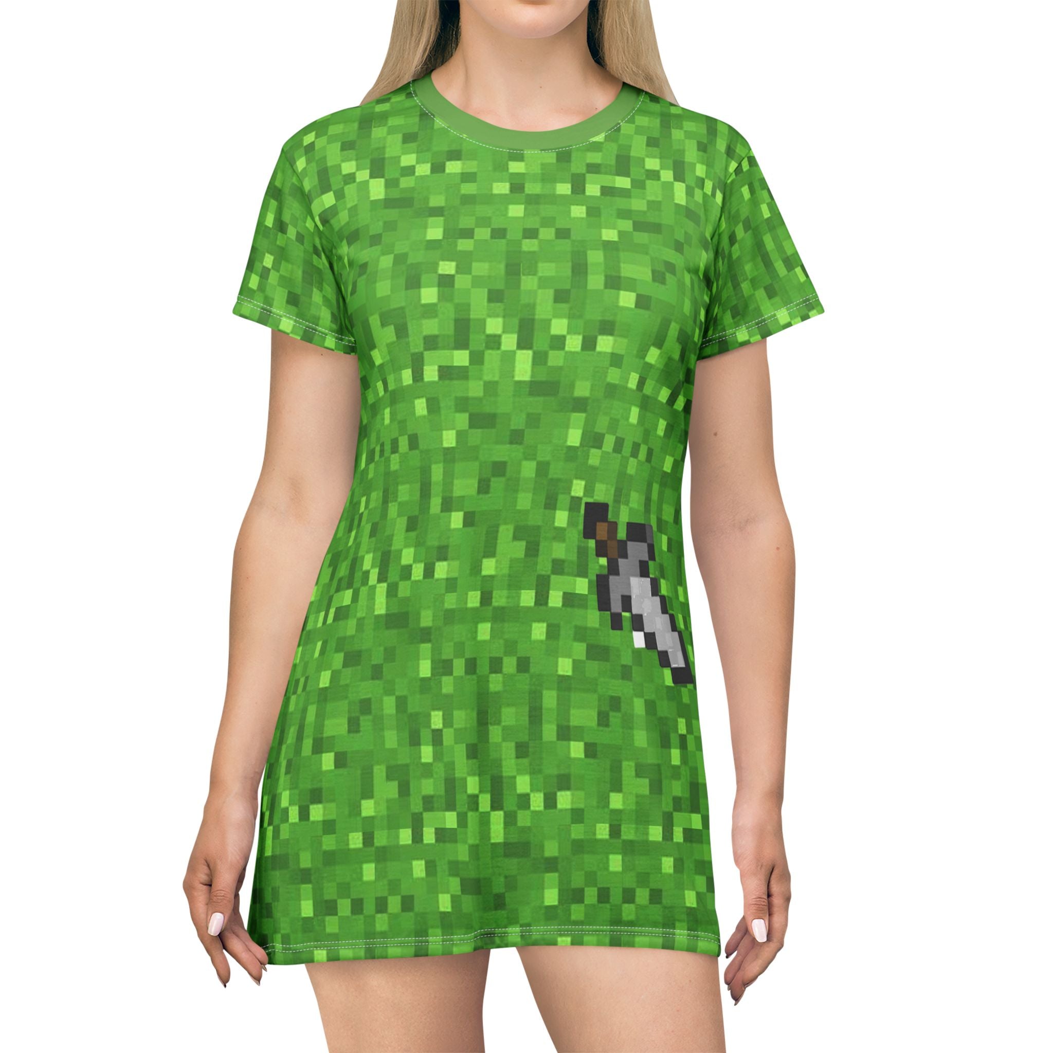 Fabled Fashion Minecraft inspired green pixels style All Over Print Spring/Summer T-Shirt Dress