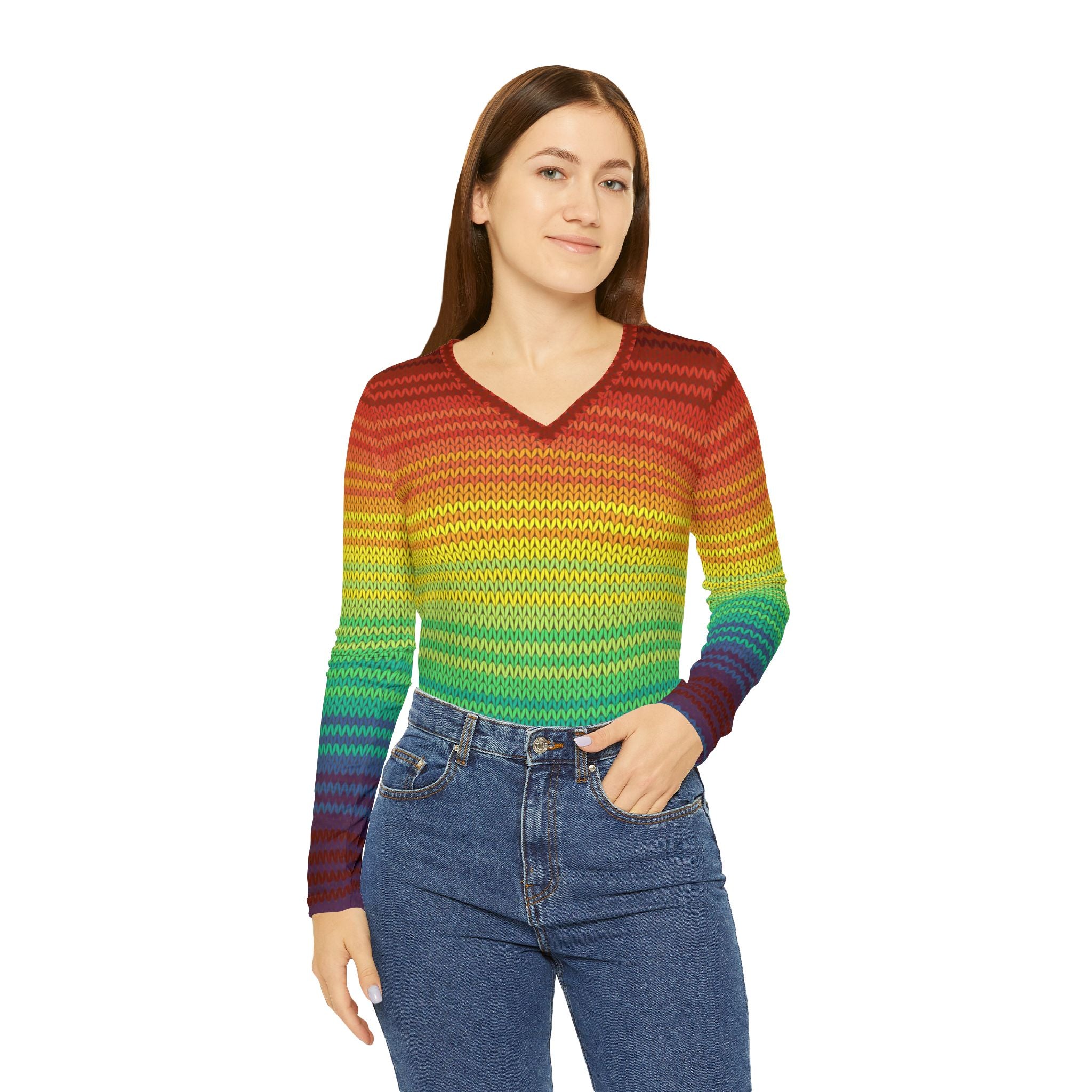 Fabled Fashion Mexican Knit effect Women's Long Sleeve V-neck Shirt (AOP)