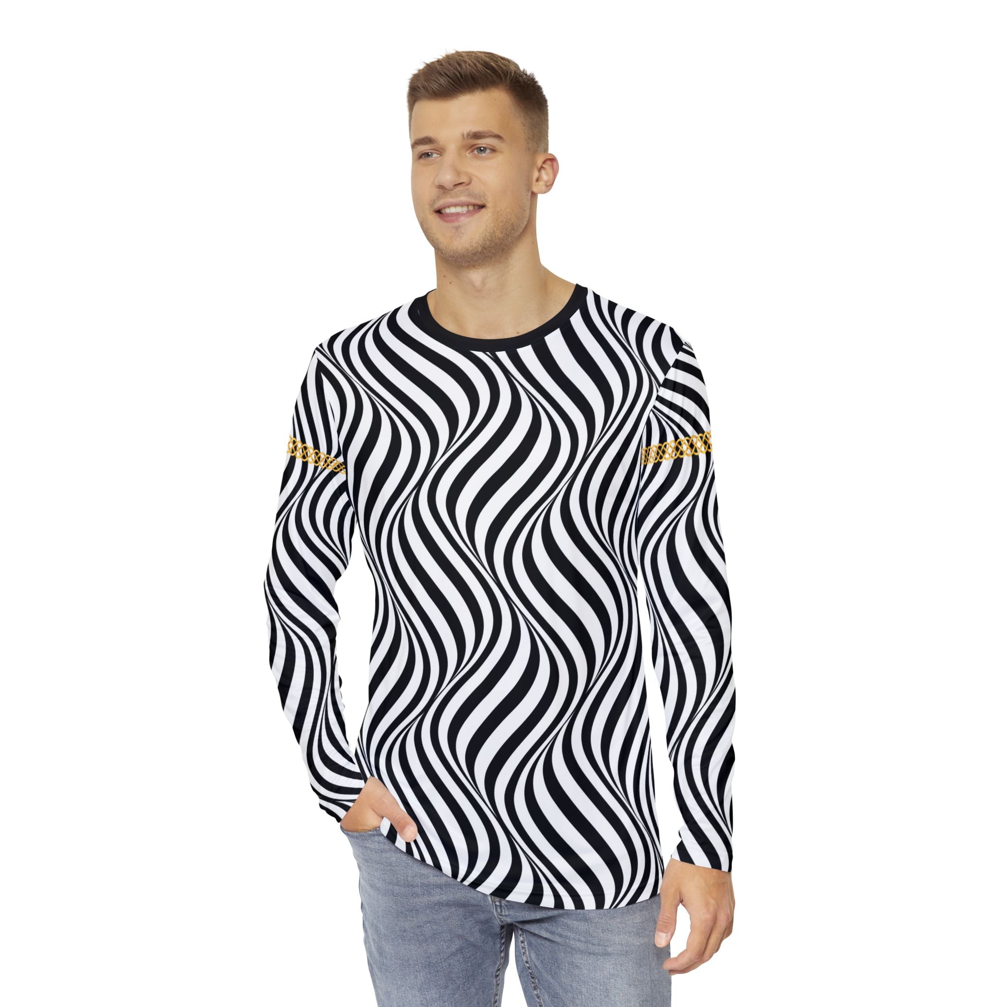 Fabled Fashion Men's Long Sleeve Back/White optical illusion Celtic chain effect AOP Shirt