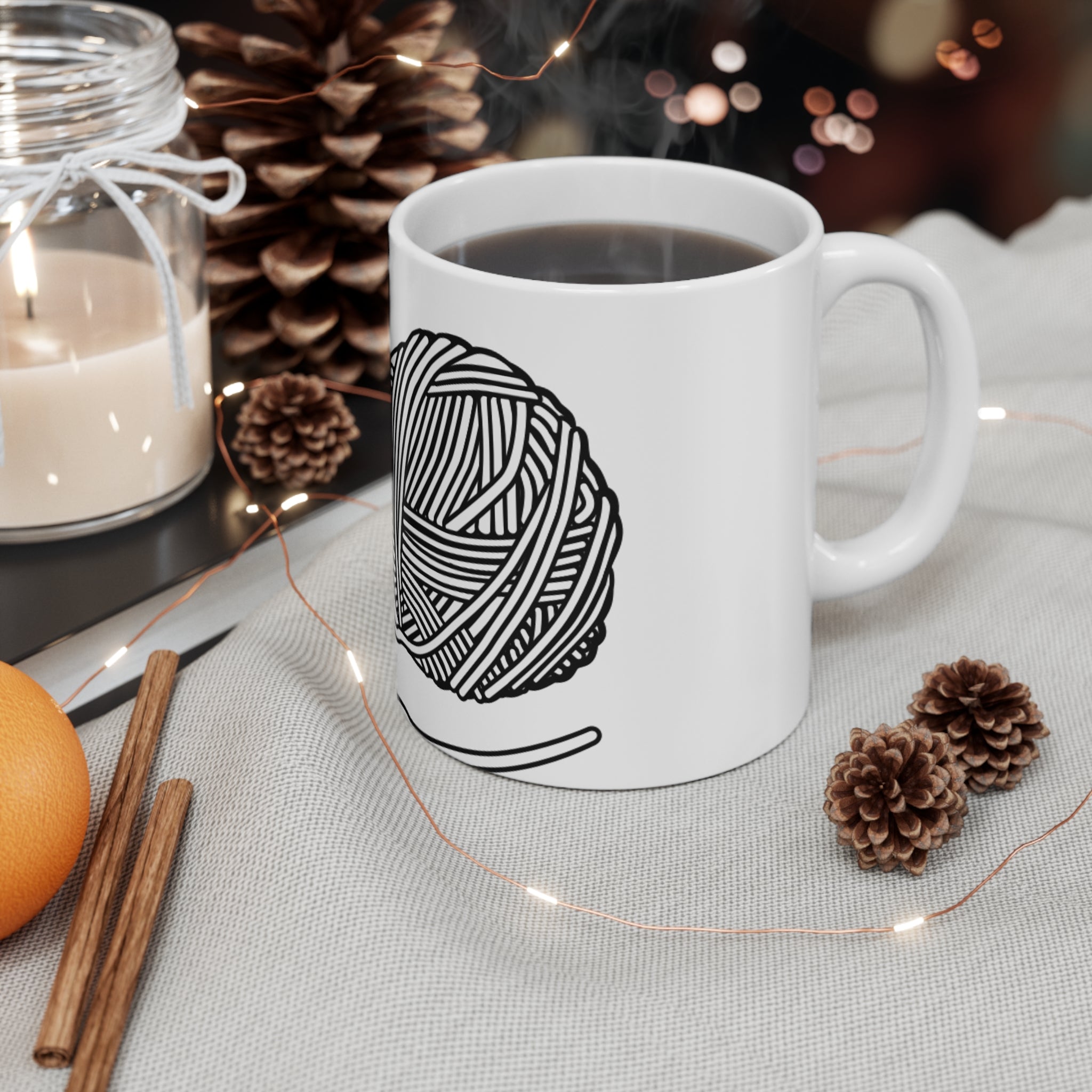 Cat Behind Wool Yarn Mug 11oz - Cute Kitty Coffee Cup, Tea Mug, Cat Lover Gift, Animal Pet Owner Present, Funny Kitten Drinkware