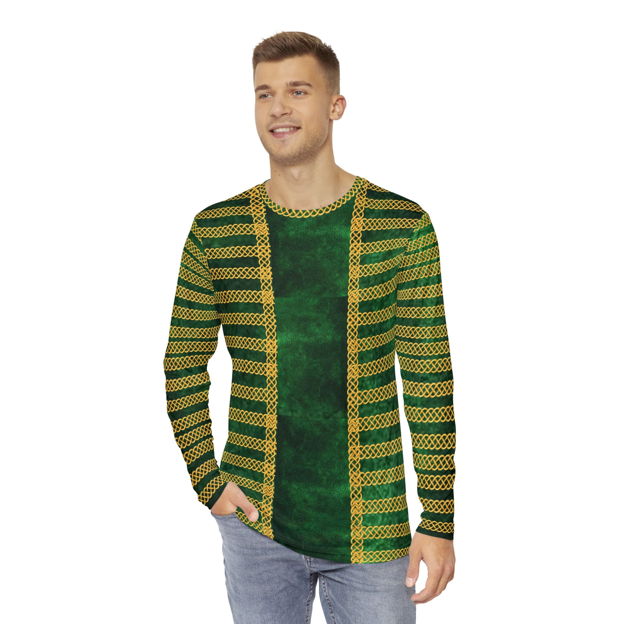 Fabled Fashion Men's Long Sleeve Green Velvet with Celtic chain jacket effect AOP Shirt