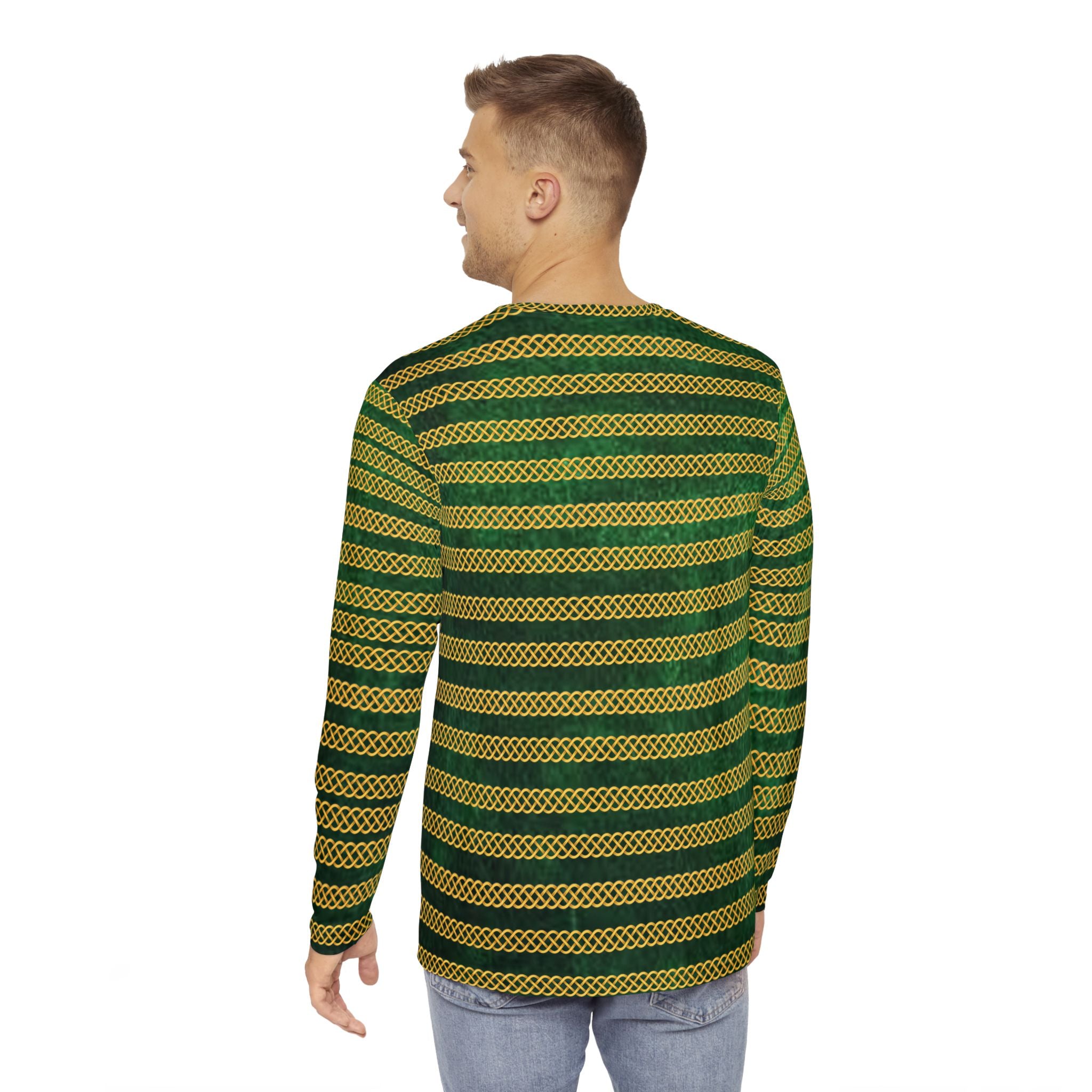 Fabled Fashion Men's Long Sleeve Green Velvet with Celtic chain jacket effect AOP Shirt