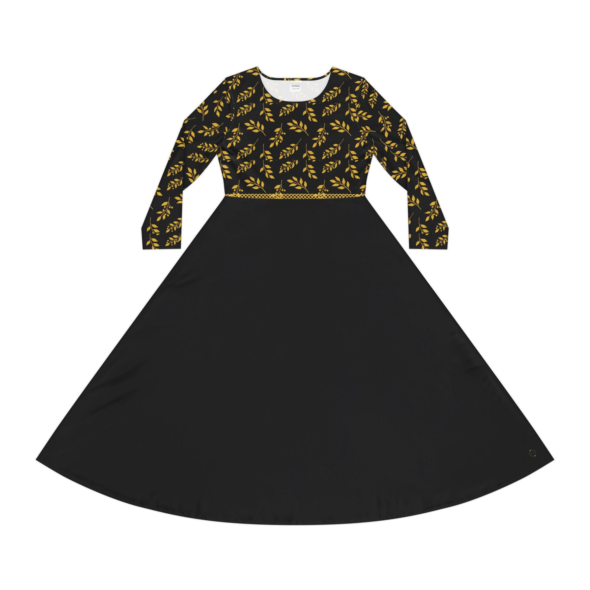 Fabled Fashion Black and Gold leaves Celtic knot Women's Long Sleeve Dance Dress (AOP)