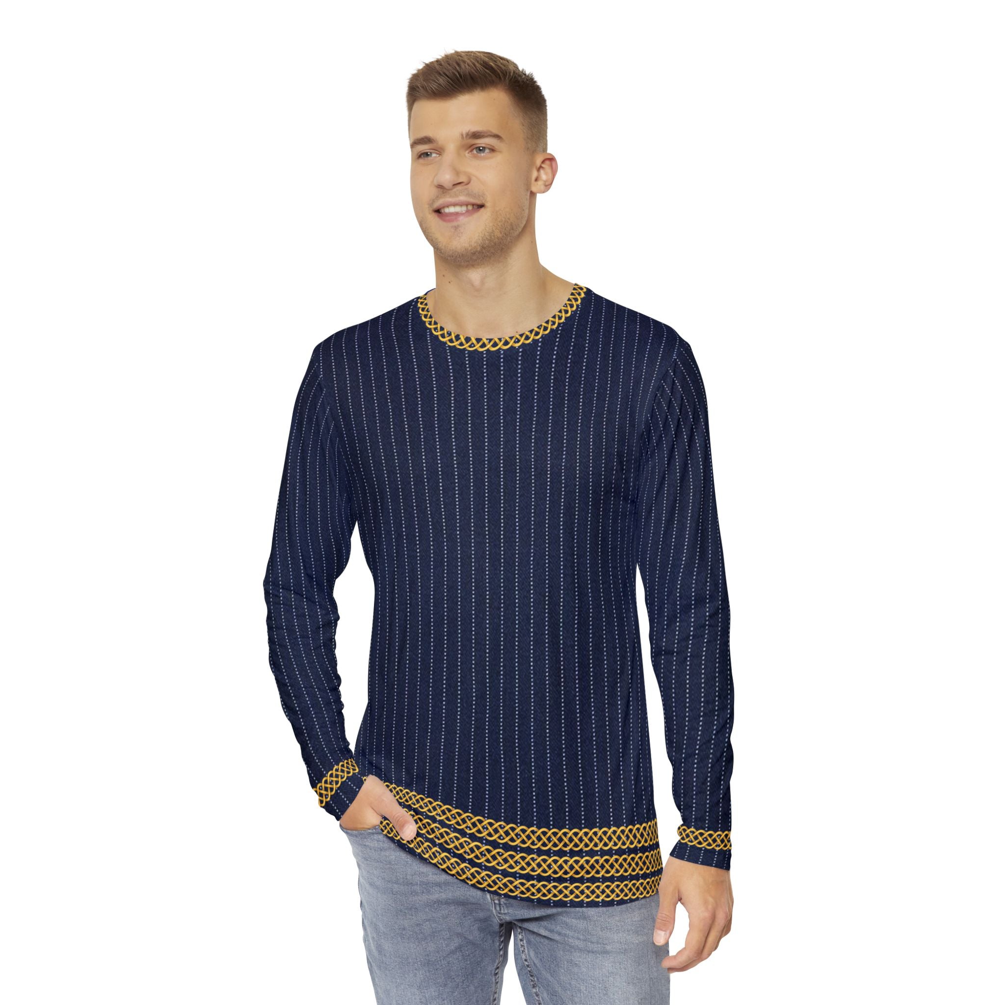 Fabled Fashion Men's Long Sleeve Navy Pinstripe Triple Celtic chain effect AOP Shirt Purple