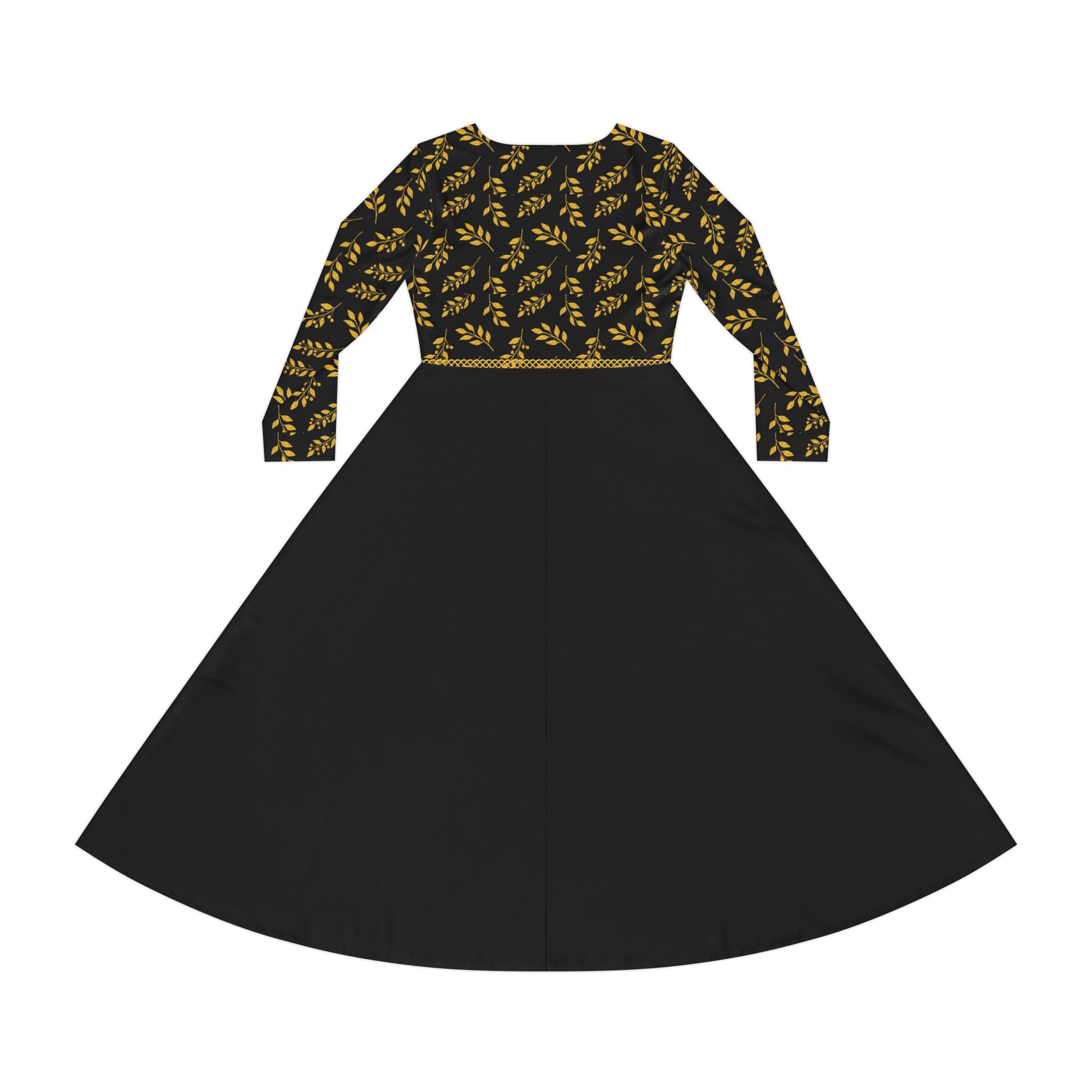 Fabled Fashion Black and Gold leaves Celtic knot Women's Long Sleeve Dance Dress (AOP)
