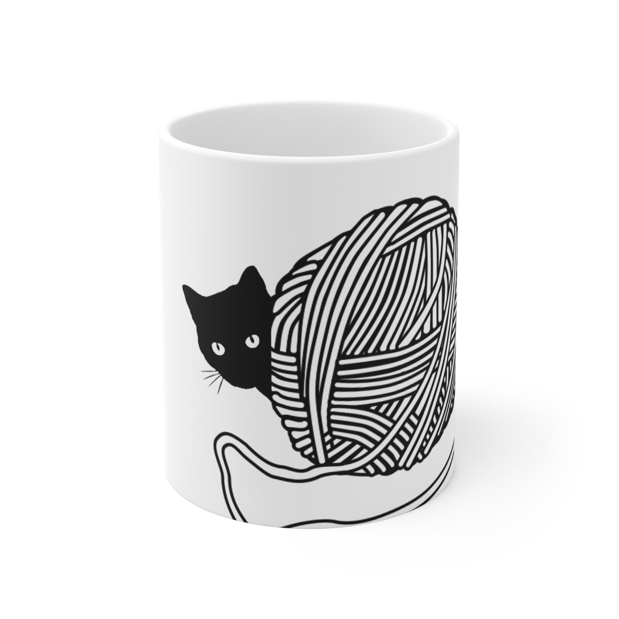 Cat Behind Wool Yarn Mug 11oz - Cute Kitty Coffee Cup, Tea Mug, Cat Lover Gift, Animal Pet Owner Present, Funny Kitten Drinkware