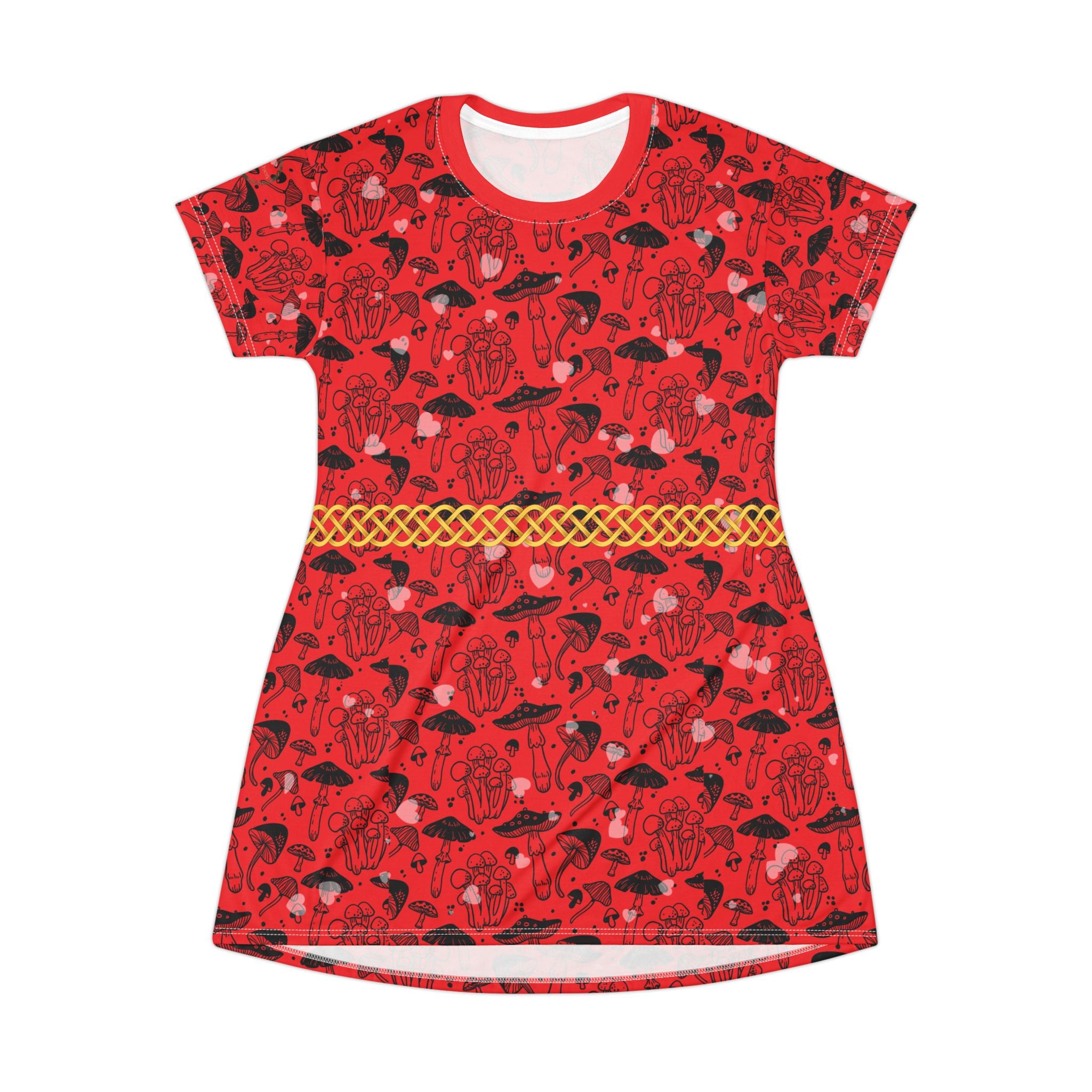 Fabled Fashion Red Mushrooms Celtic Knot All Over Print Spring/Summer T-Shirt Dress