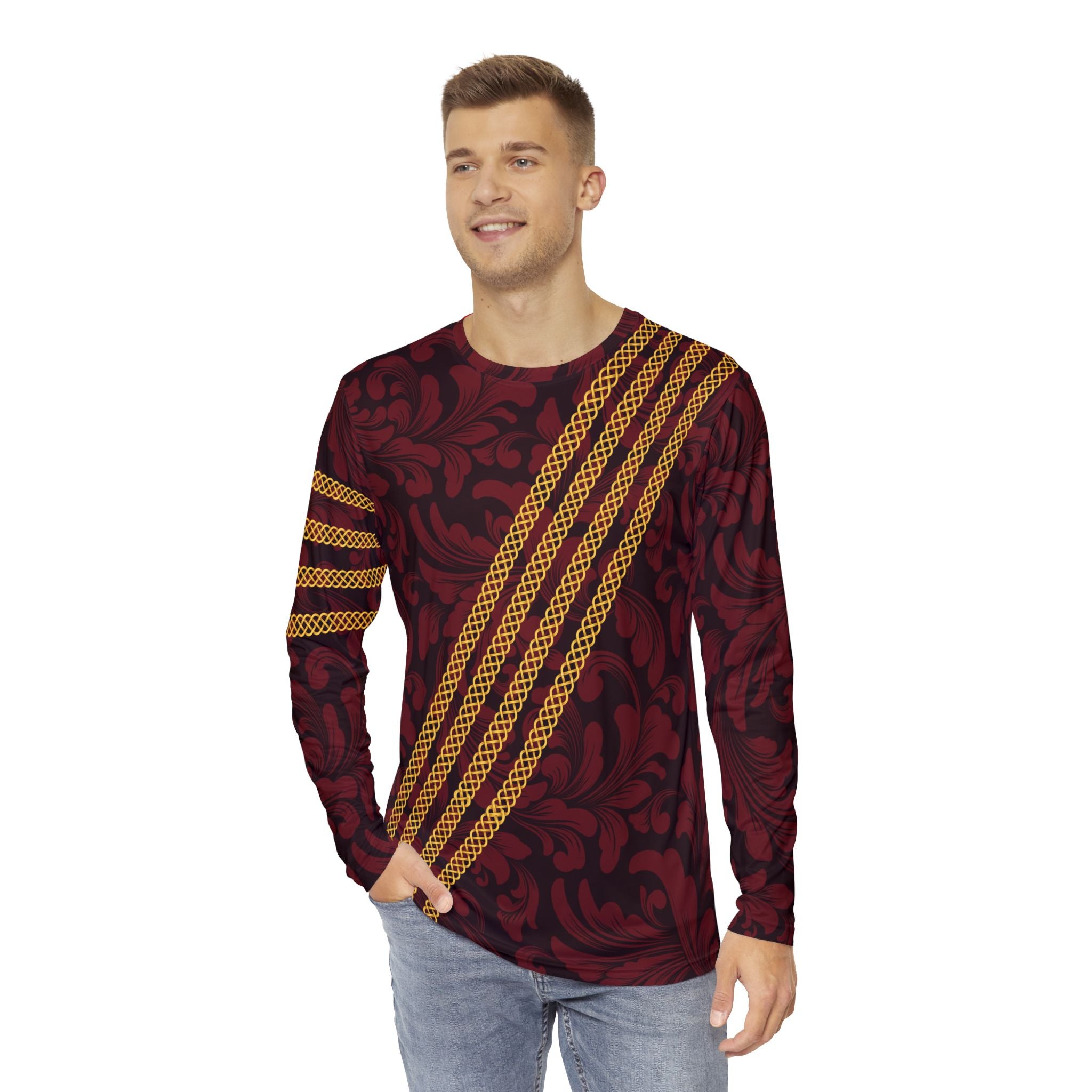 Fabled Fashion Men's Long Sleeve Red Damask and Celtic knot chain effect AOP Shirt