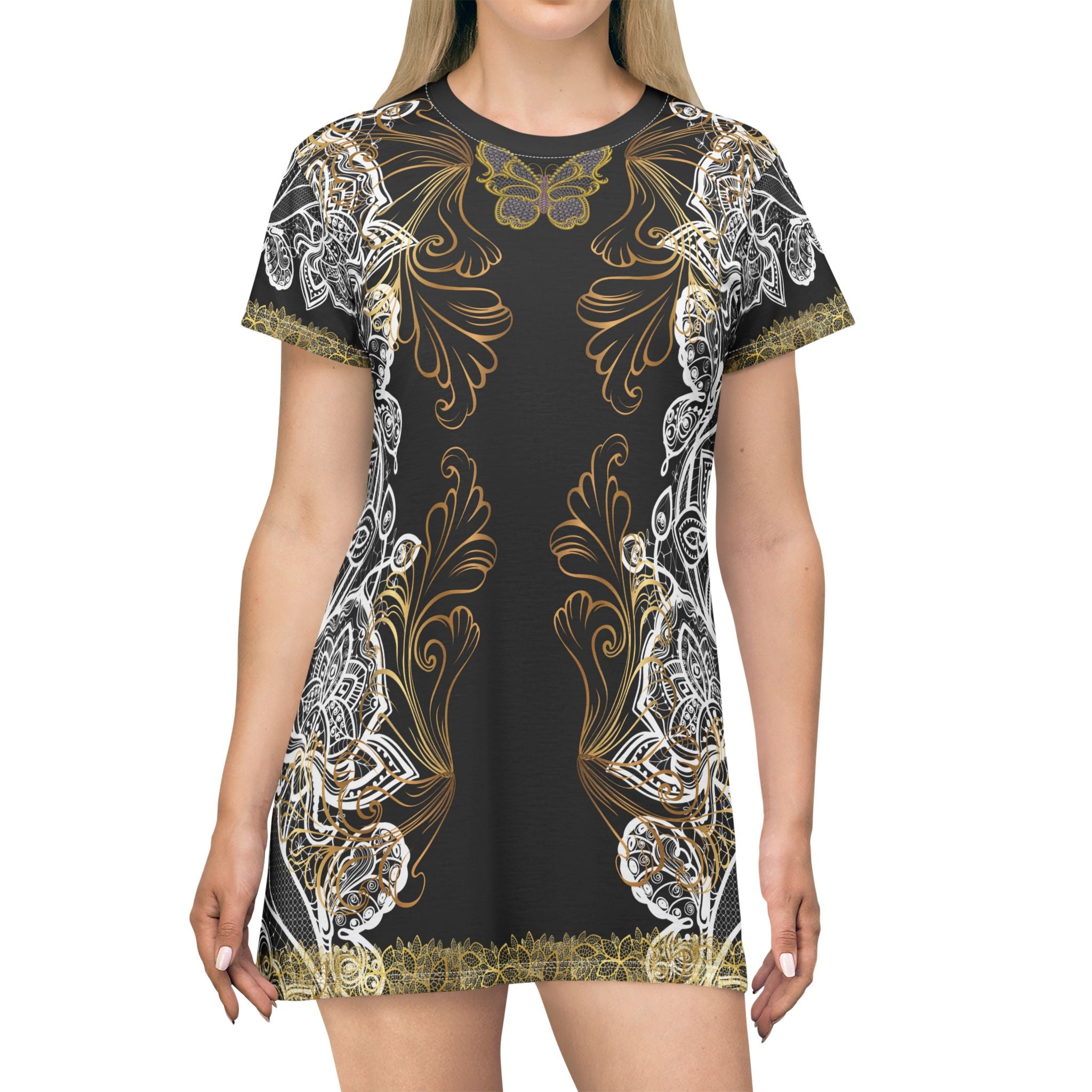 Fabled Fashion White/Gold Lace embroidered effect Black All Over Print Spring/Summer T-Shirt Dress