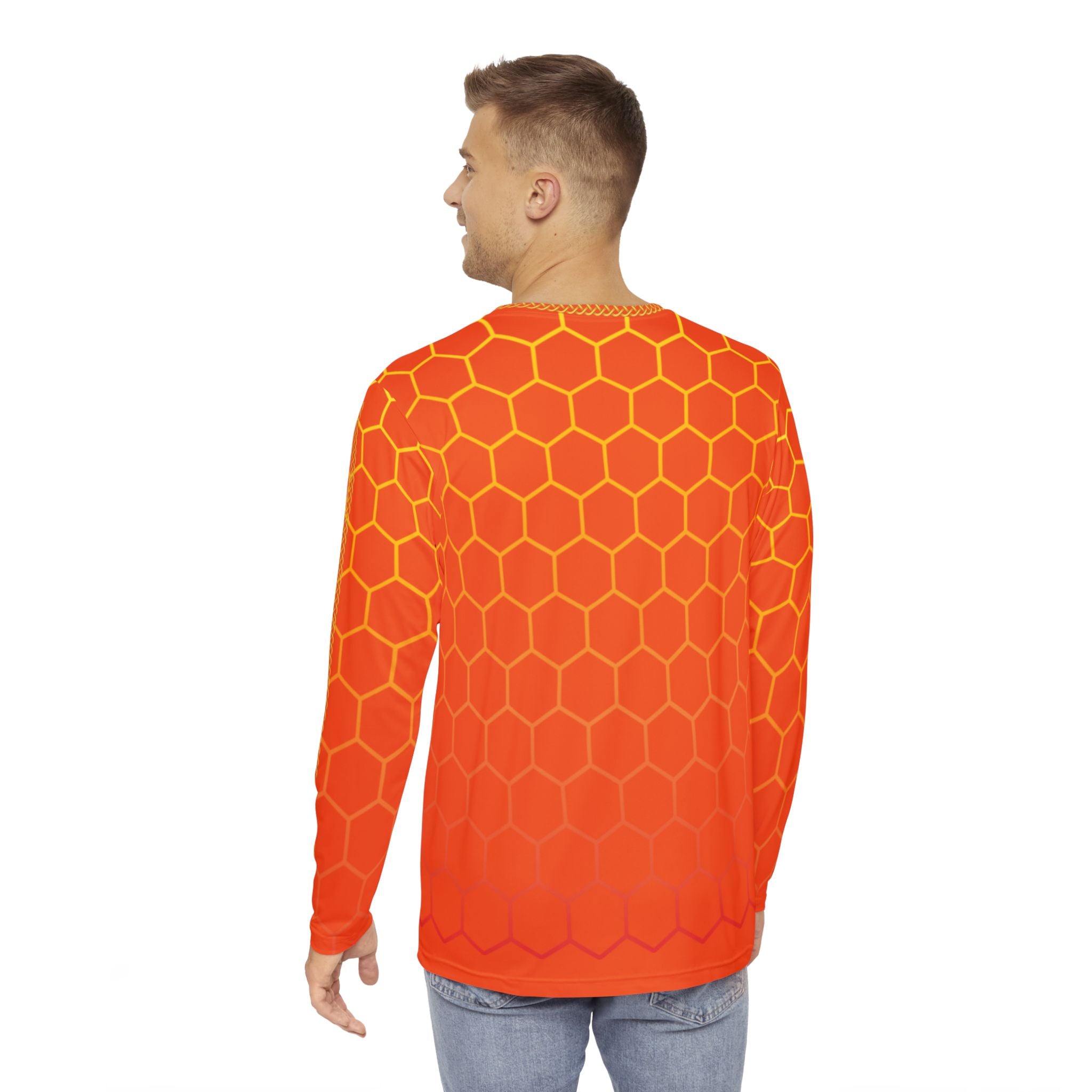 Fabled Fashion Men's Long Sleeve Orange Honeycomb with Celtic chain AOP Shirt