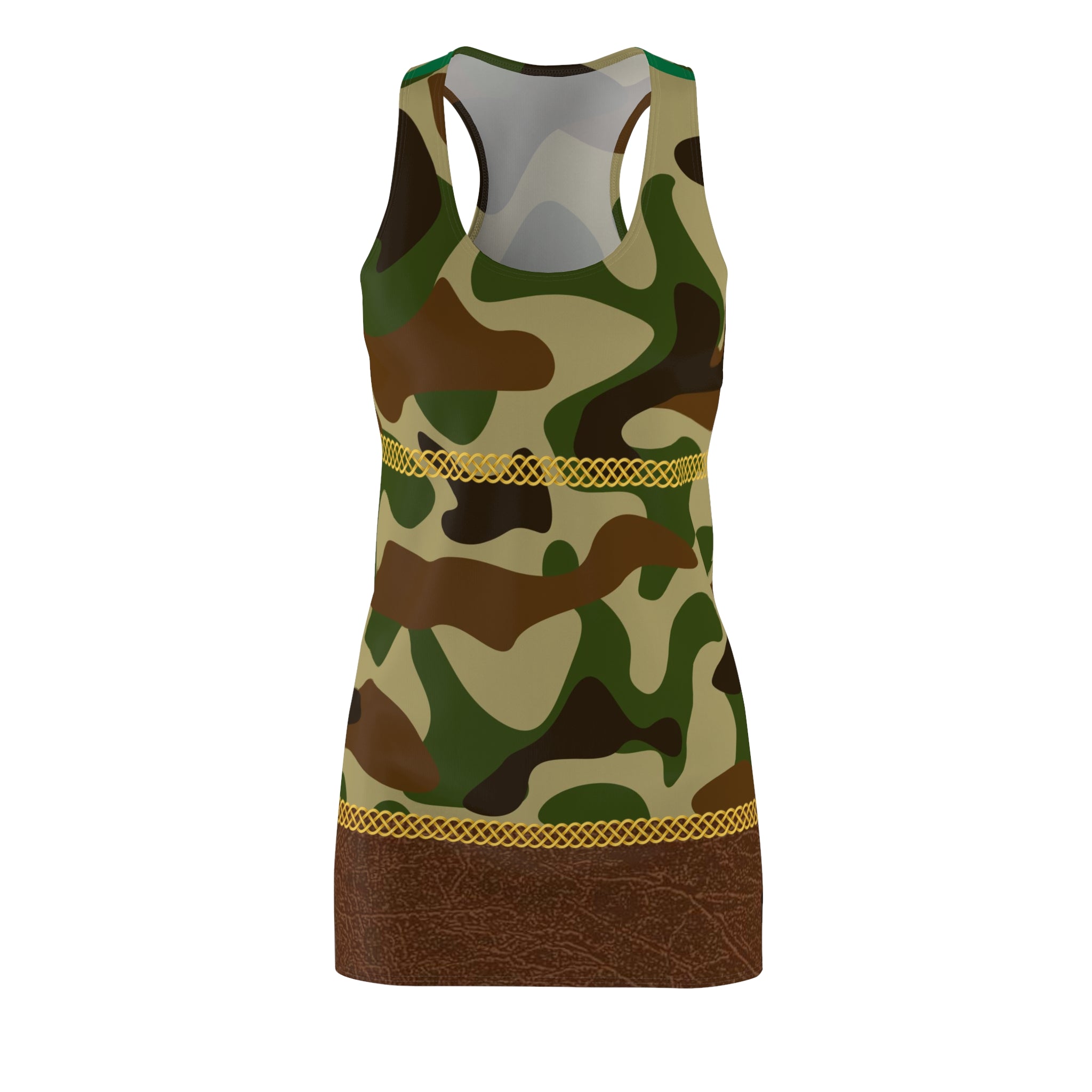 Fabled Fashion Camo and faux leather effect Celtic Knot belt Women's Cut & Sew Racerback Dress (AOP)