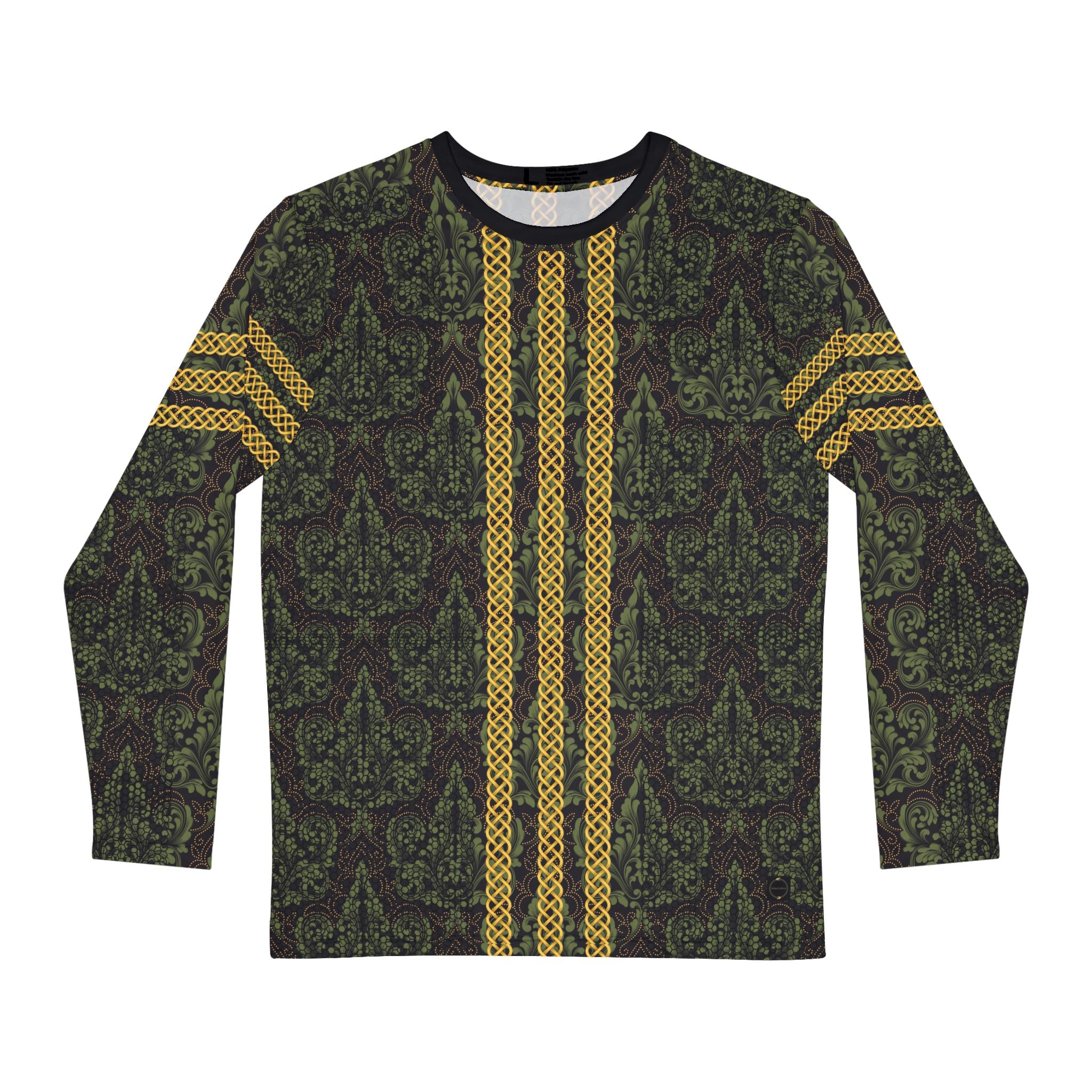 Fabled Fashion Men's Long Sleeve Green Damask and Black lace effect with Celtic knot chain AOP Shirt