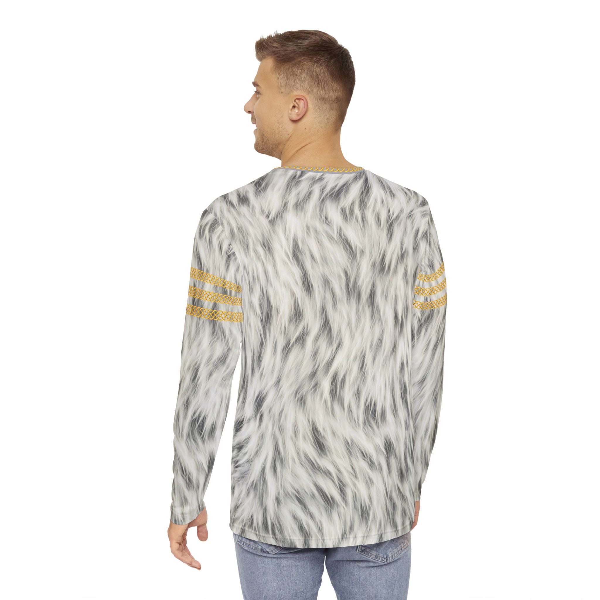 Fabled Fashion Men's Long Sleeve Snow Fur effect triple Celtic chain AOP Shirt