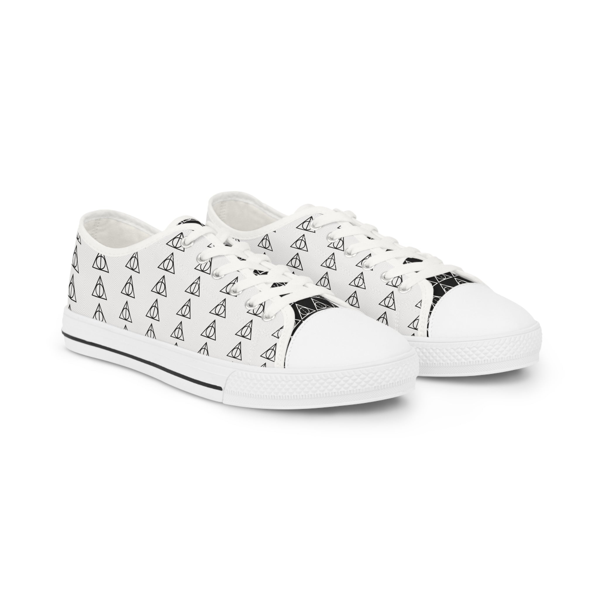 Harry Potter inspired Deathly Hallows logo Men's Low Top Sneakers (White/Black white sole Pink/White Black sole)