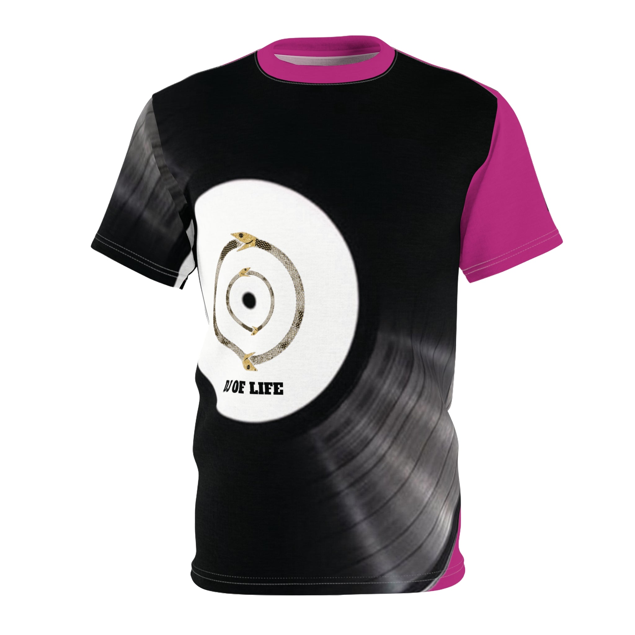 Fabled Fashion Vinyl Record design Unisex Cut & Sew Tee (AOP) Pink