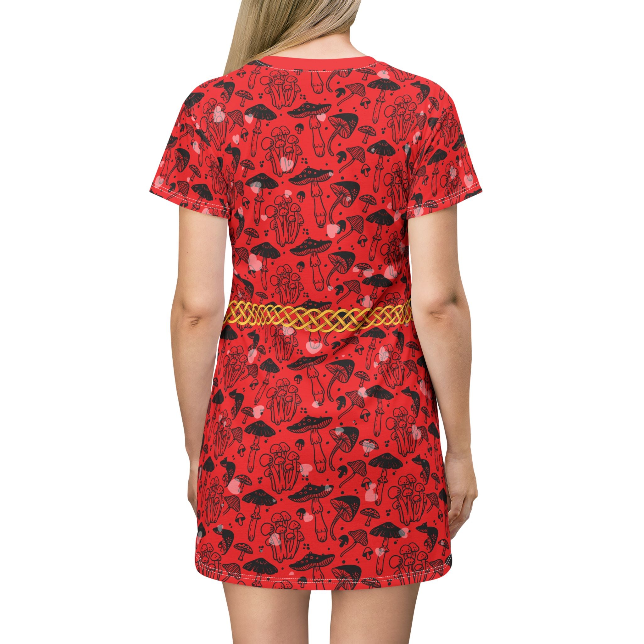 Fabled Fashion Red Mushrooms Celtic Knot All Over Print Spring/Summer T-Shirt Dress