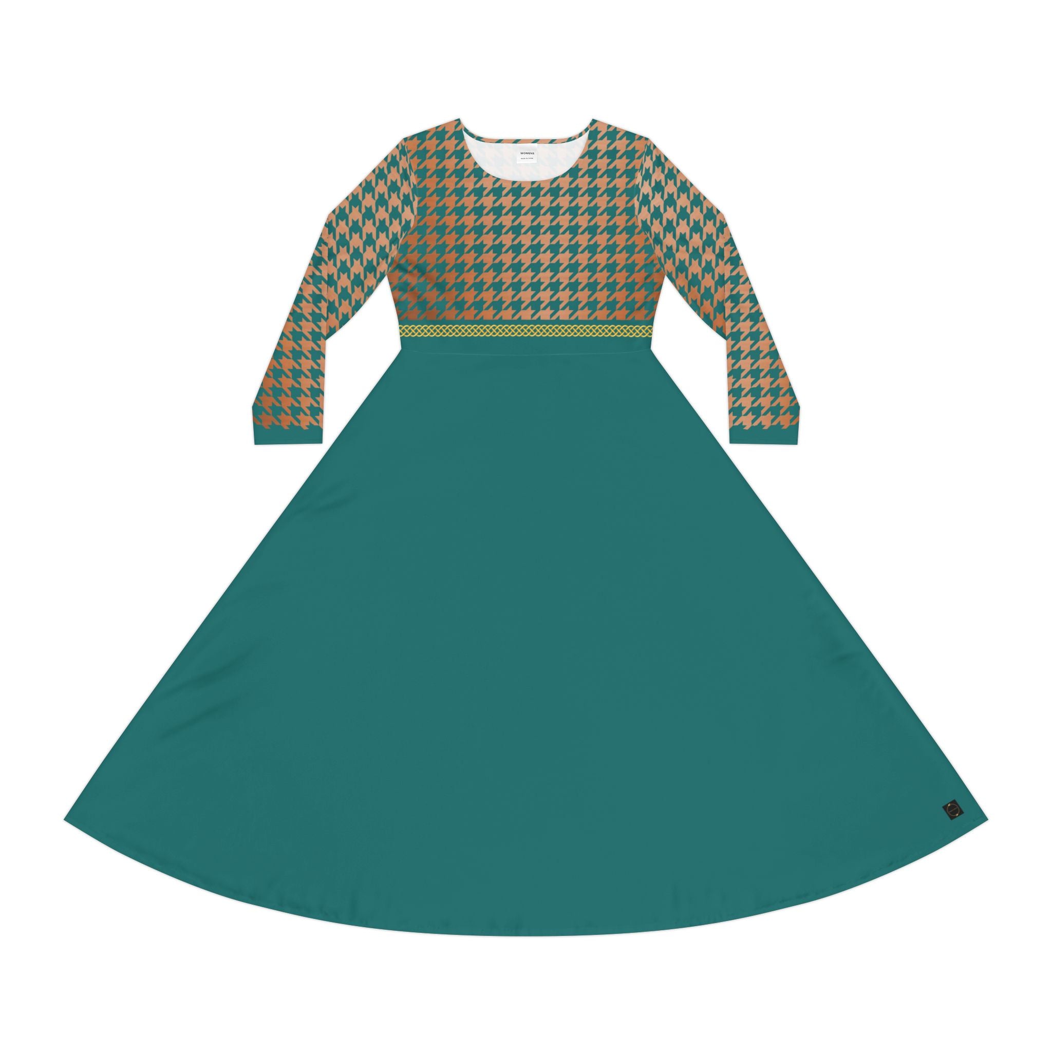 Fabled Fashion Verdigris/Copper houndstooth and Celtic knot Women's Long Sleeve Dance Dress (AOP)