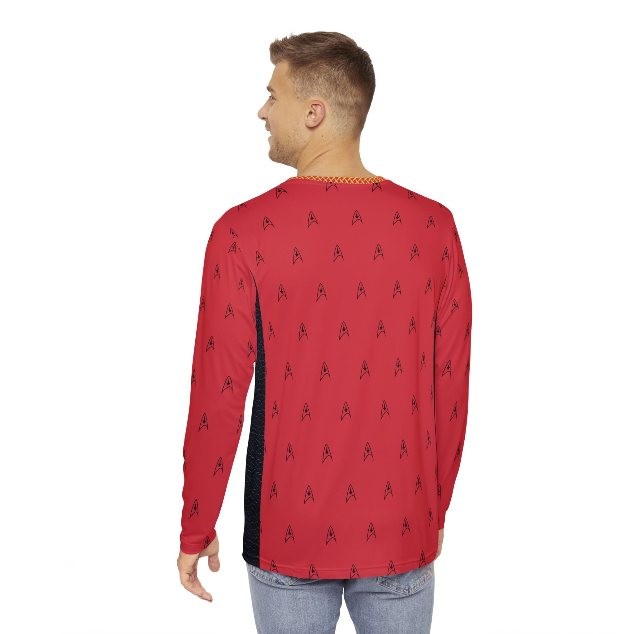 Fabled Fashion Men's Long Sleeve Red Trekkie leather accent effect patterned AOP Shirt