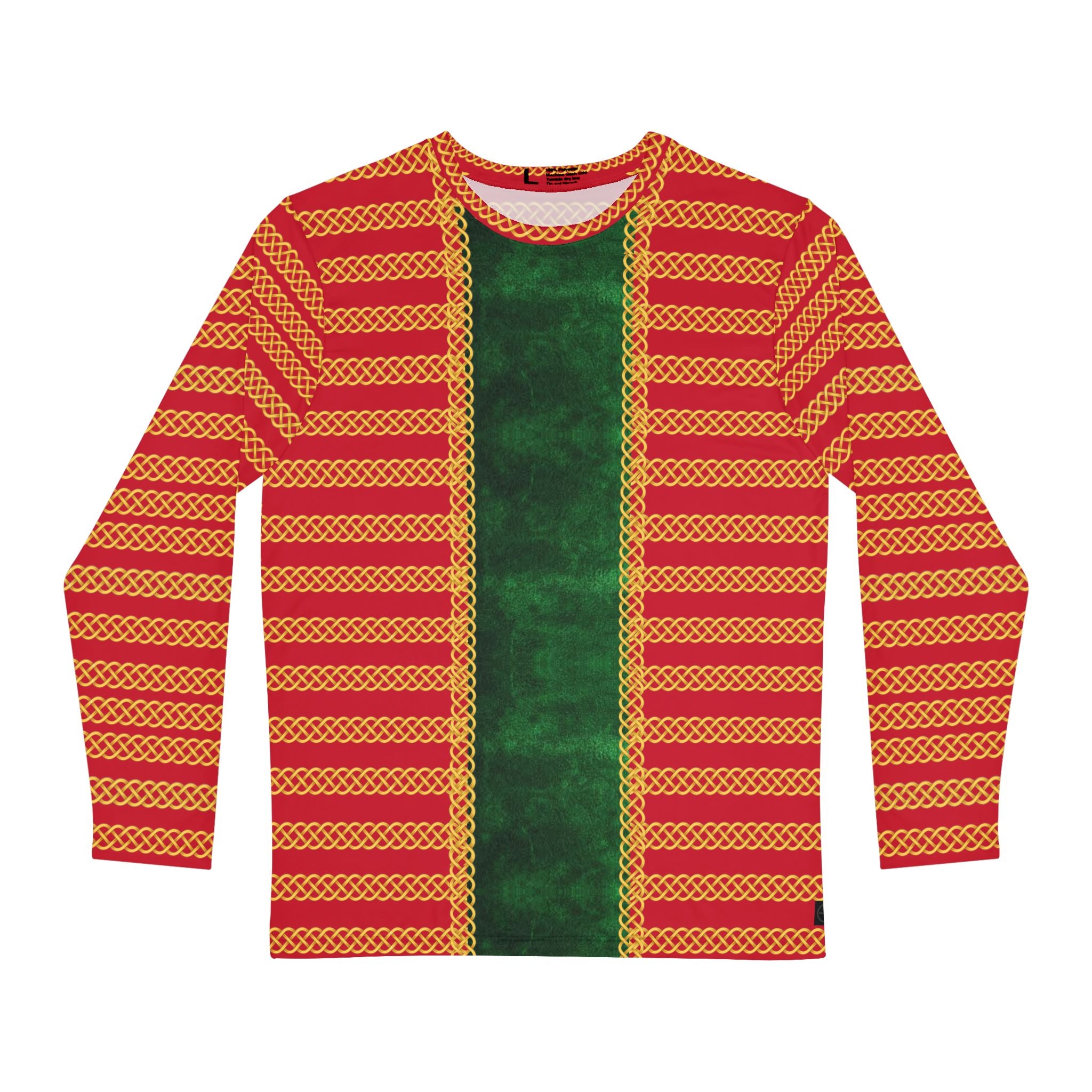 Fabled Fashion Men's Long Sleeve Red Jester Jacket on Green velvet effect Celtic knot chain AOP Shirt