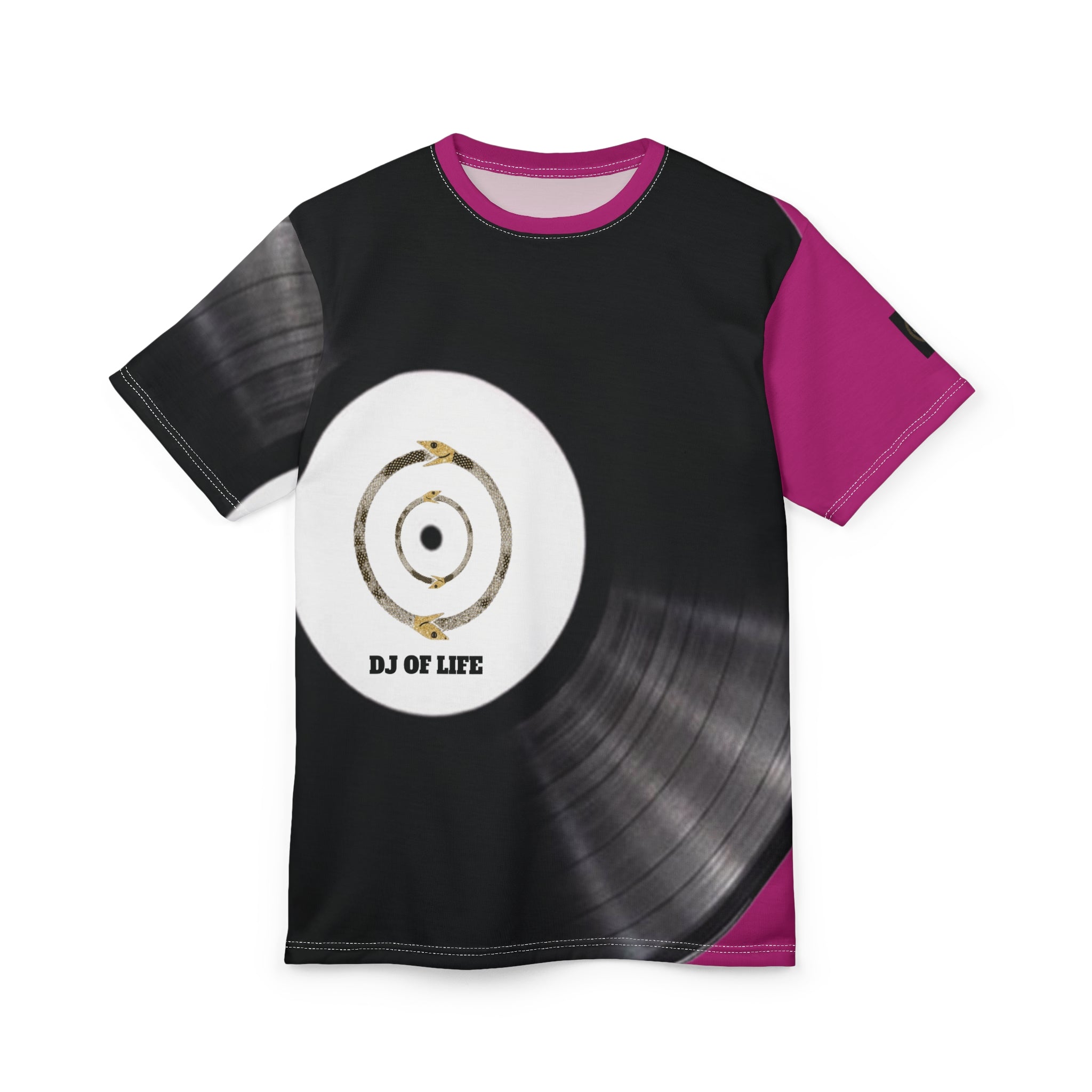 Fabled Fashion Vinyl Record design Unisex Cut & Sew Tee (AOP) Pink
