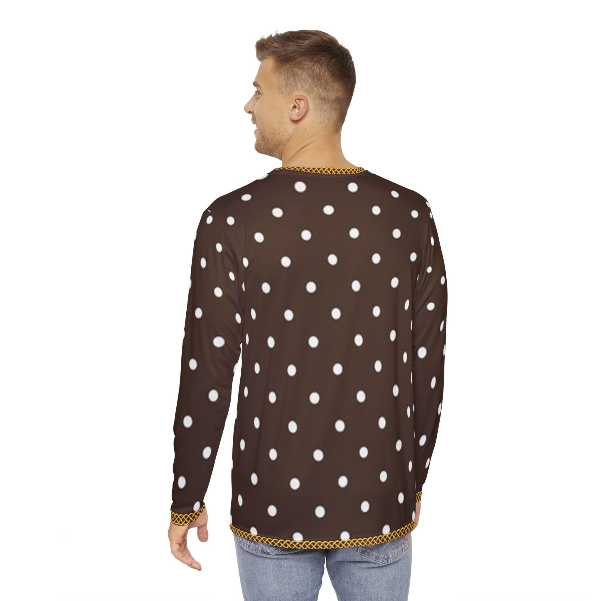 Fabled Fashion Men's Long Sleeve Chocolate Polka Dot Triple Celtic chain effect AOP shirt.