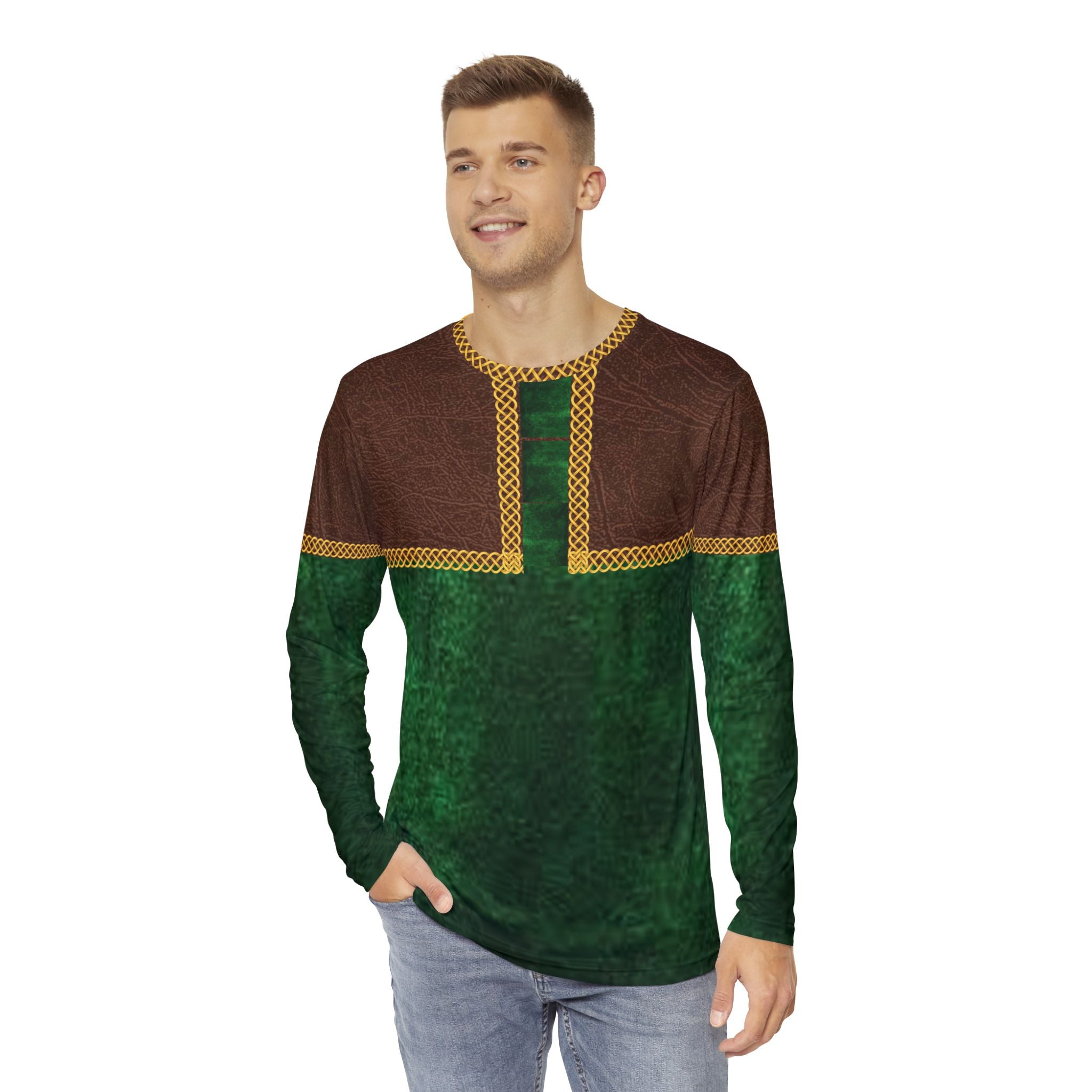 Fabled Fashion Men's Long Sleeve Leather and velvet celtic chain effect Robin Hood style AOP Shirt