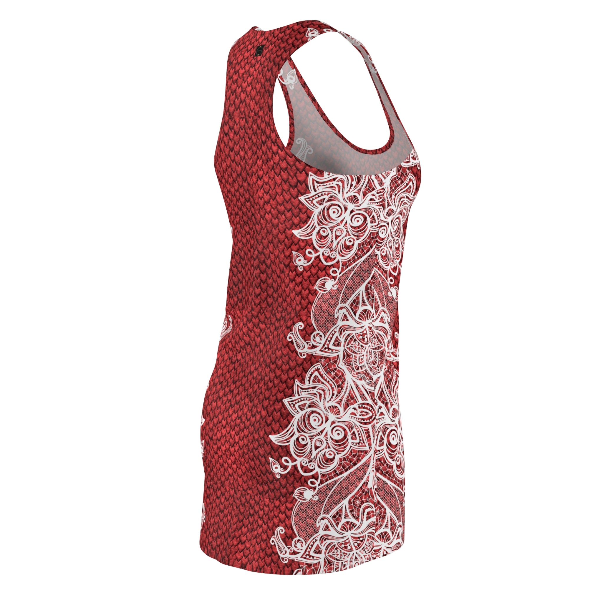 Fabled Fashion Red Dragon skin/White Lace effect Women's Cut & Sew Racerback Dress (AOP)