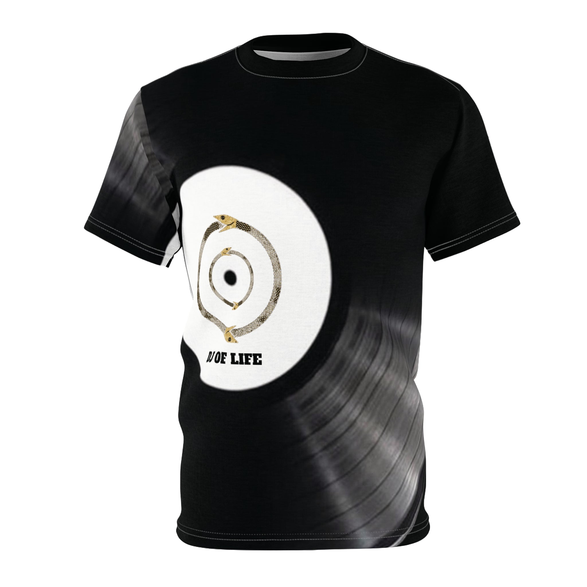 Fabled Fashion Vinyl Record design Unisex Cut & Sew Tee (AOP) Black