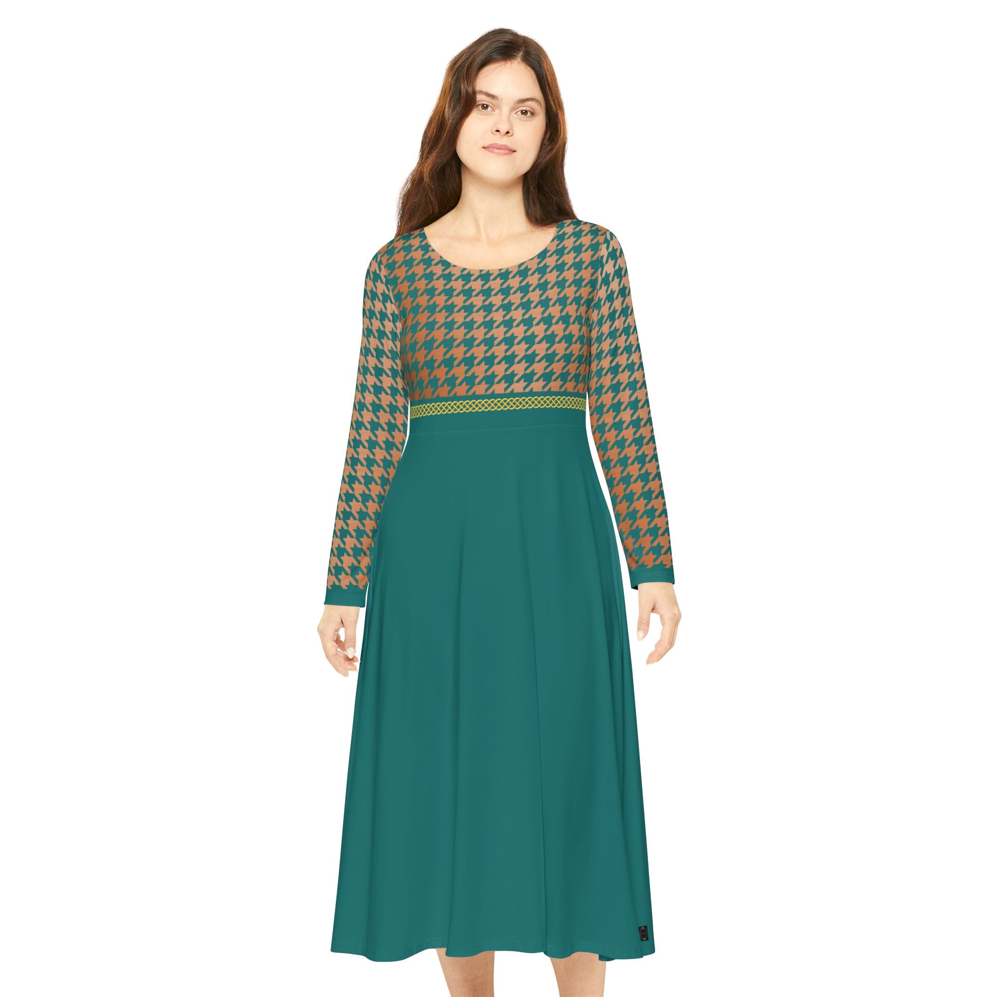 Fabled Fashion Verdigris/Copper houndstooth and Celtic knot Women's Long Sleeve Dance Dress (AOP)