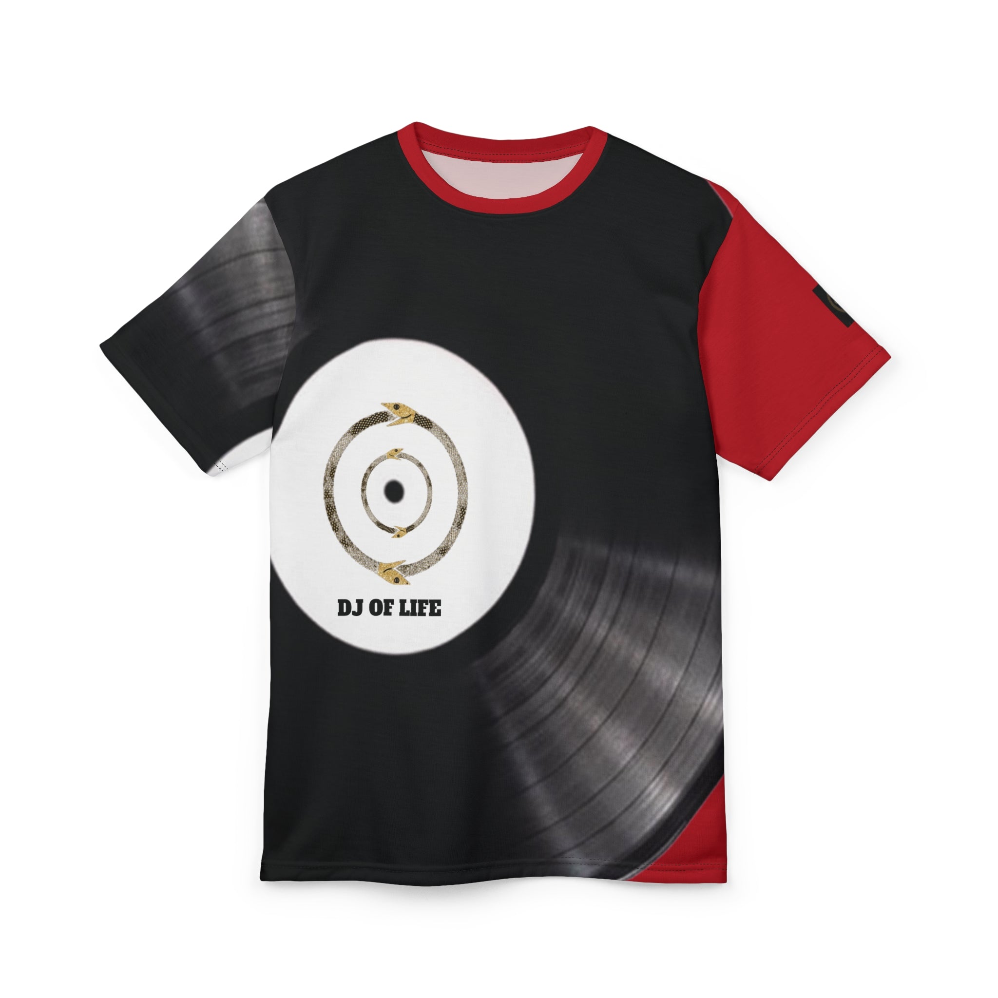 Fabled Fashion Vinyl Record design Unisex Cut & Sew Tee (AOP) Red
