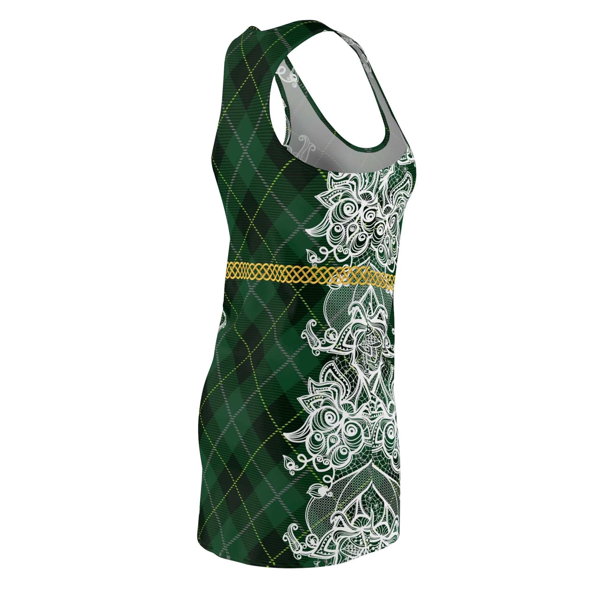 Fabled Fashion Green Tartan plaid and white lace effect Celtic Knot belt Women's Cut & Sew Racerback Dress (AOP)