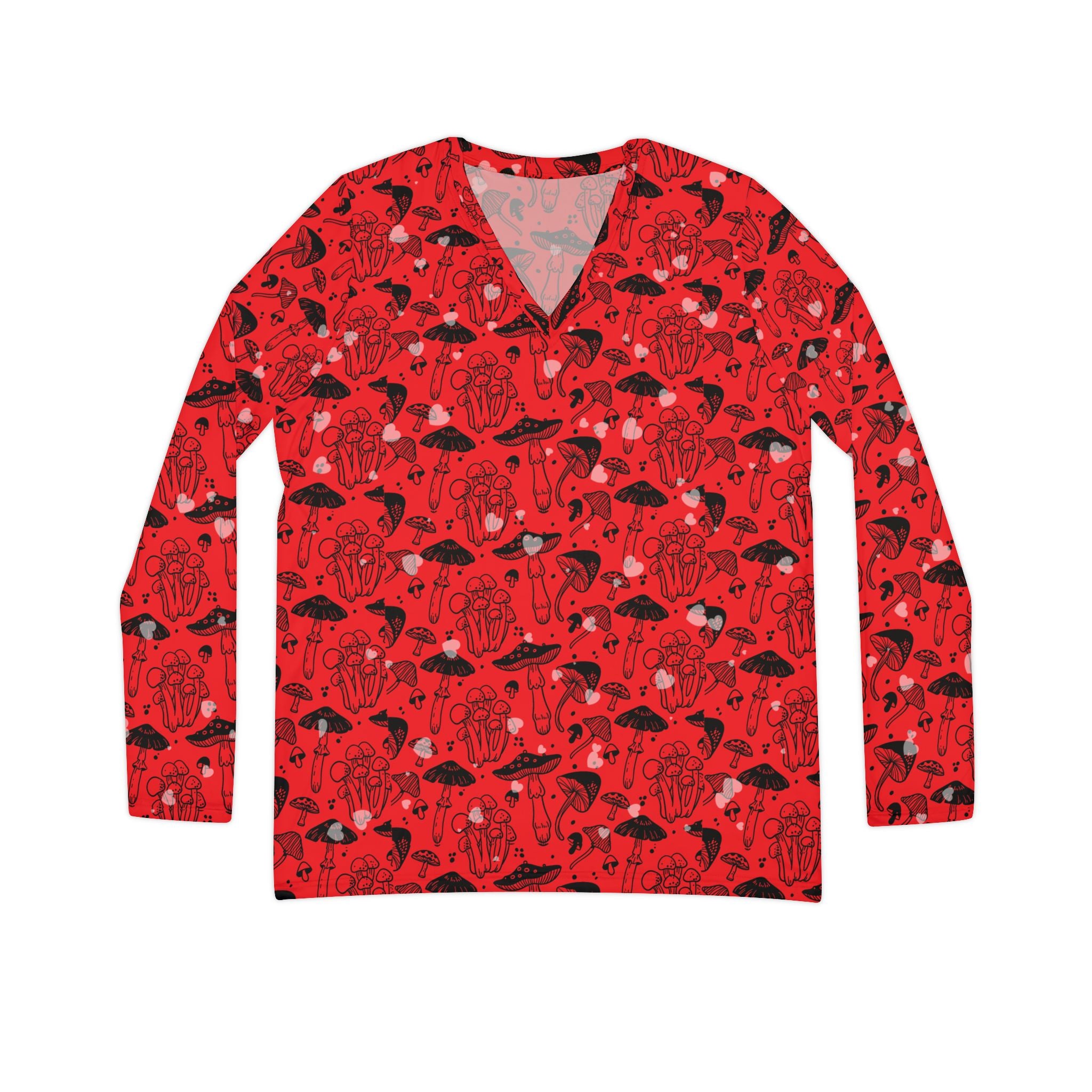 Fabled Fashion Red Toadstool effect Mushroom Print Women's Long Sleeve V-neck Shirt (AOP)